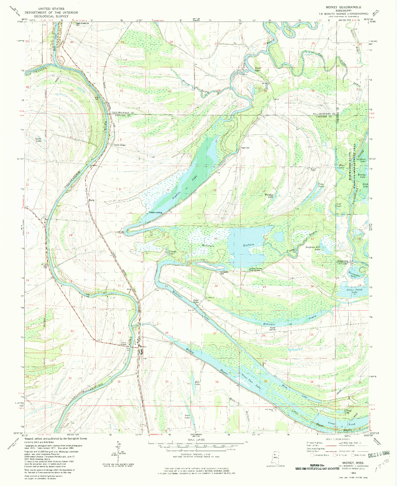 USGS 1:24000-SCALE QUADRANGLE FOR MONEY, MS 1982