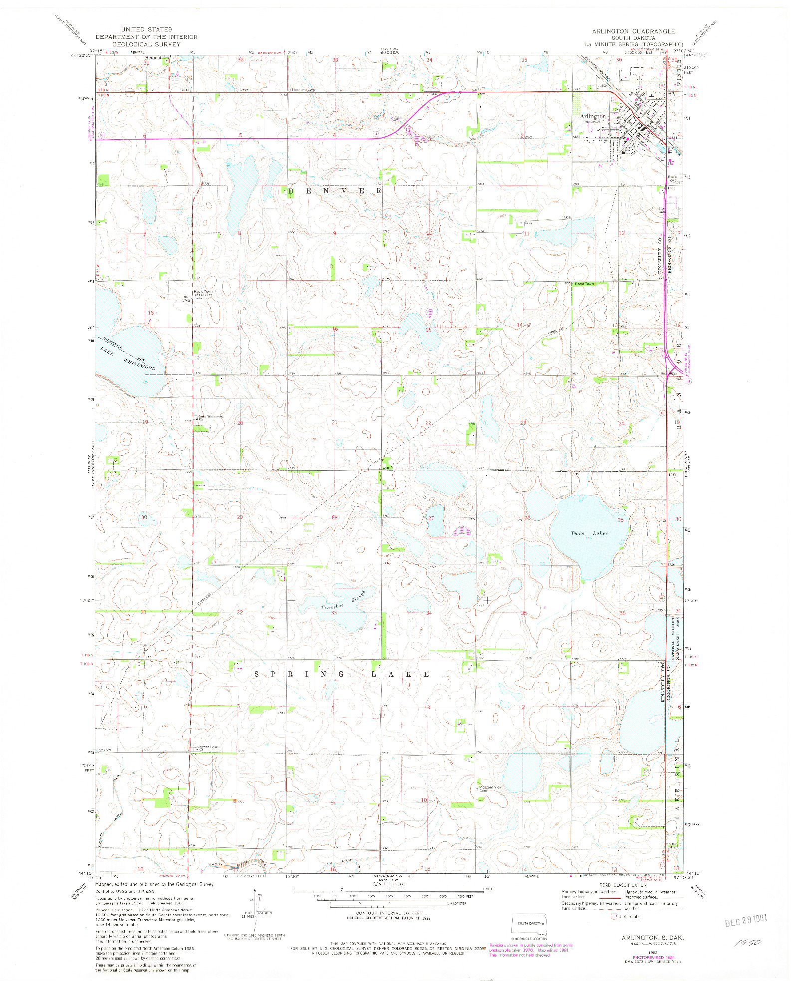 USGS 1:24000-SCALE QUADRANGLE FOR ARLINGTON, SD 1968