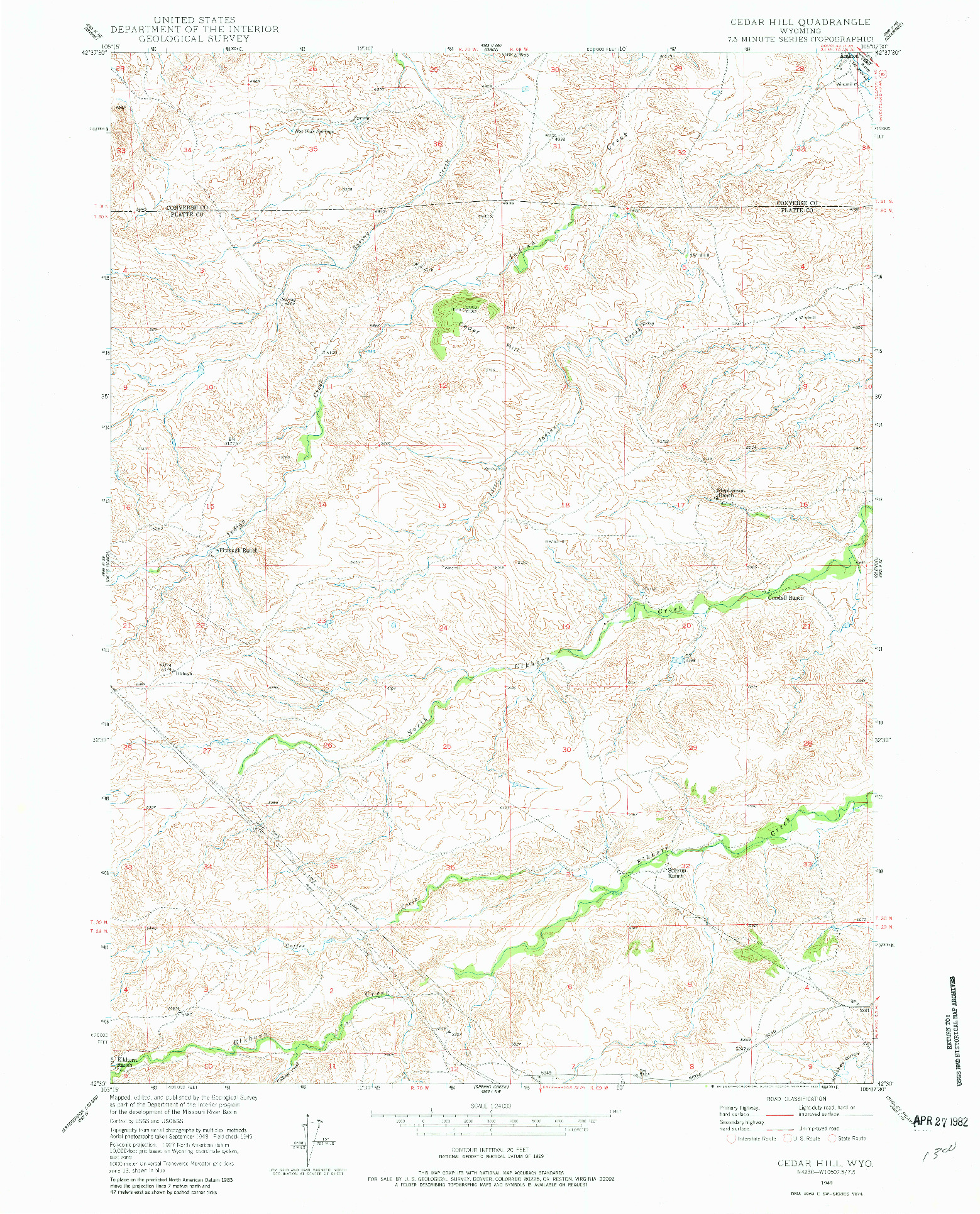 USGS 1:24000-SCALE QUADRANGLE FOR CEDAR HILL, WY 1949