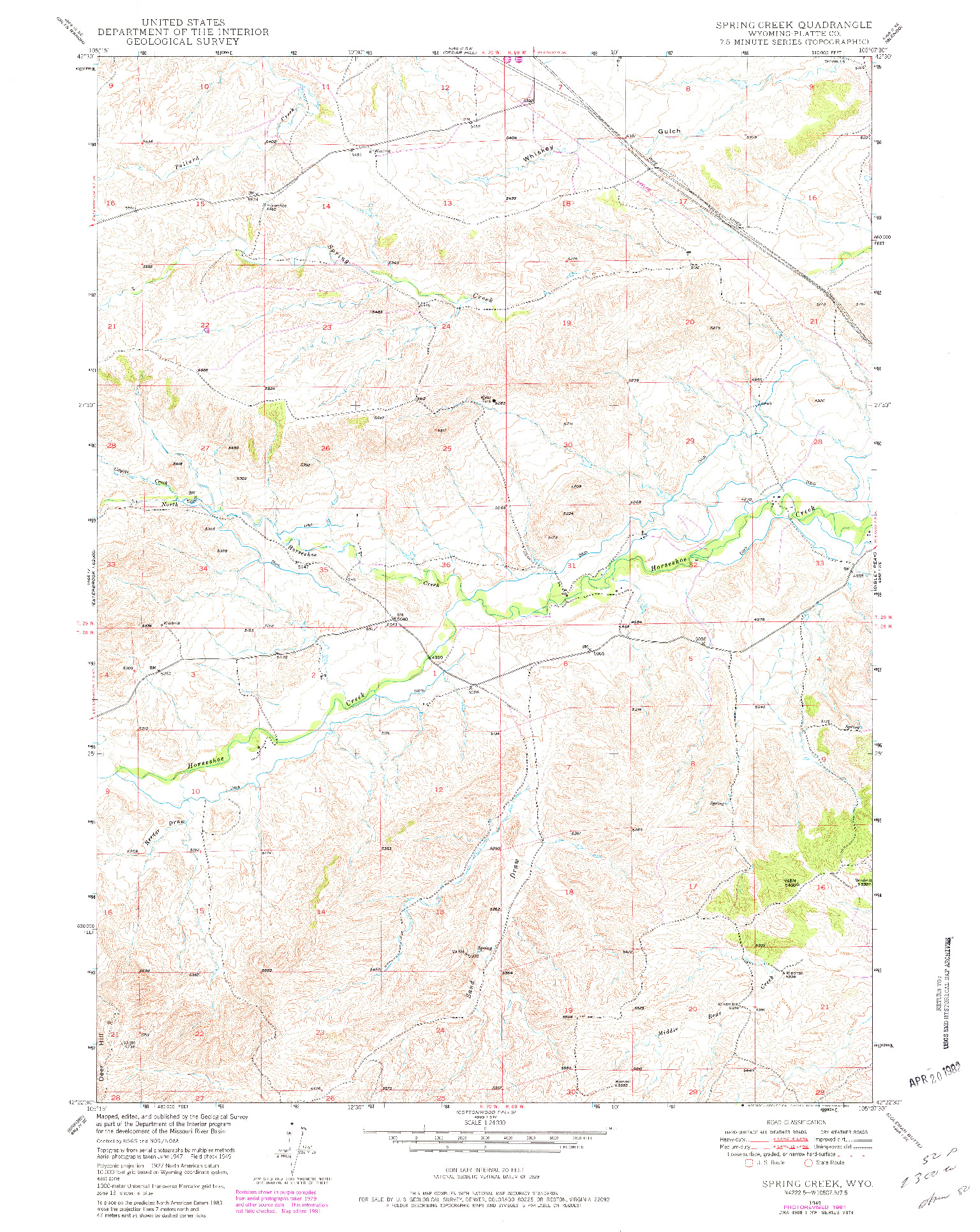 USGS 1:24000-SCALE QUADRANGLE FOR SPRING CREEK, WY 1949