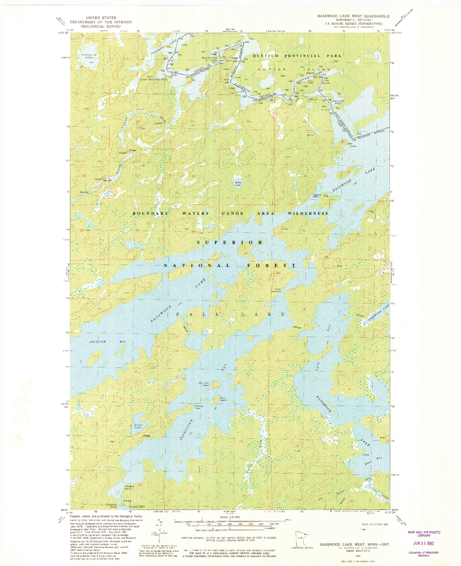 USGS 1:24000-SCALE QUADRANGLE FOR BASSWOOD LAKE WEST, MN 1981