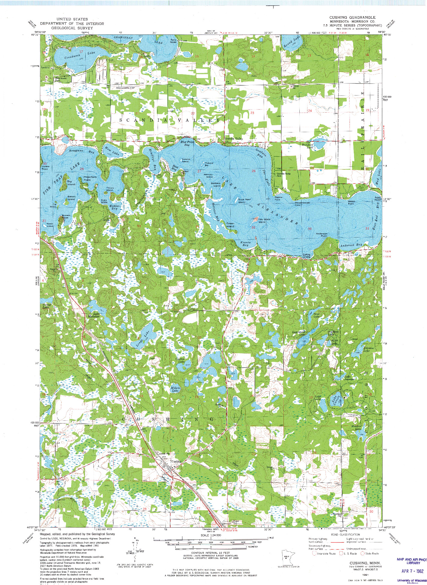 USGS 1:24000-SCALE QUADRANGLE FOR CUSHING, MN 1981