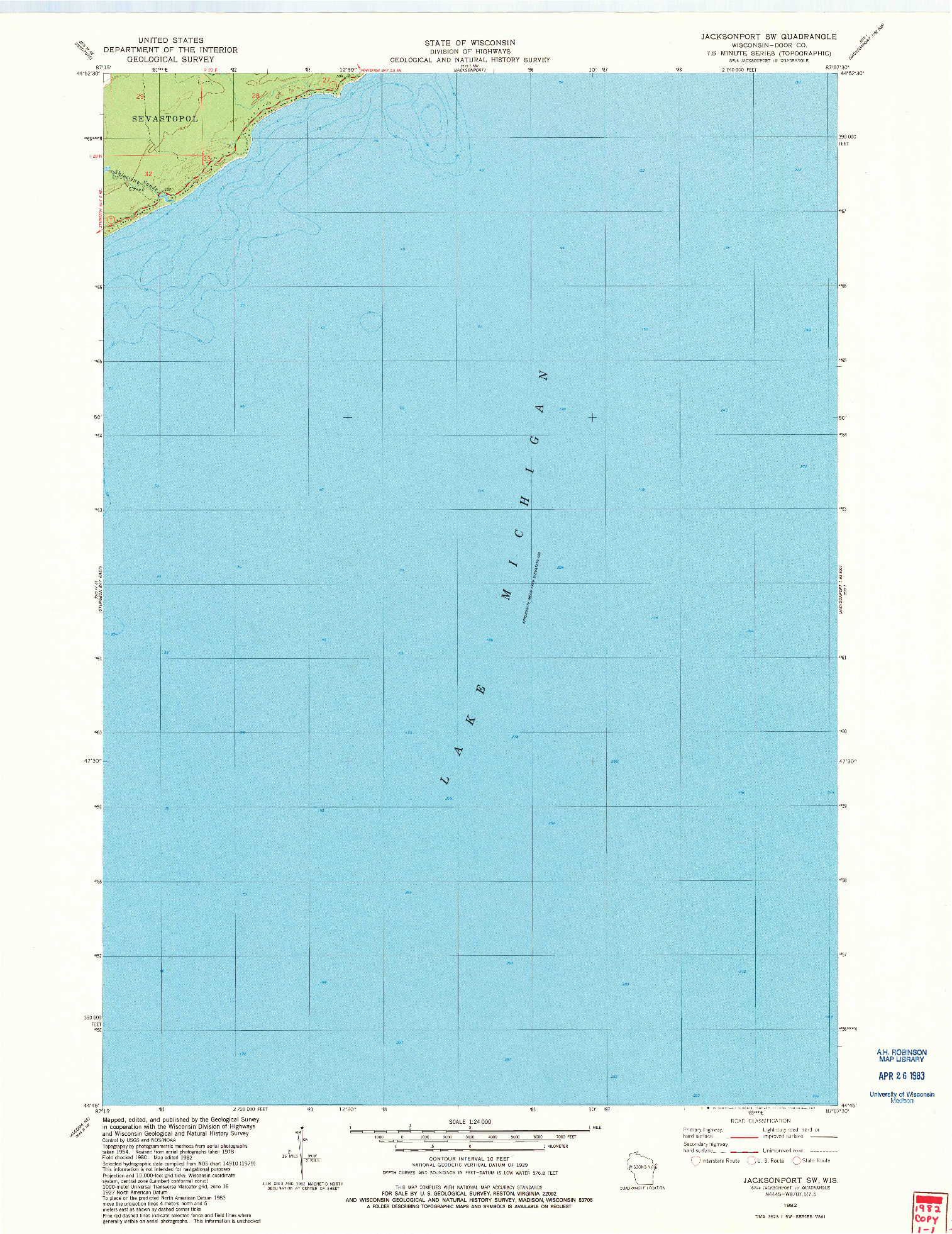 USGS 1:24000-SCALE QUADRANGLE FOR JACKSONPORT SW, WI 1982