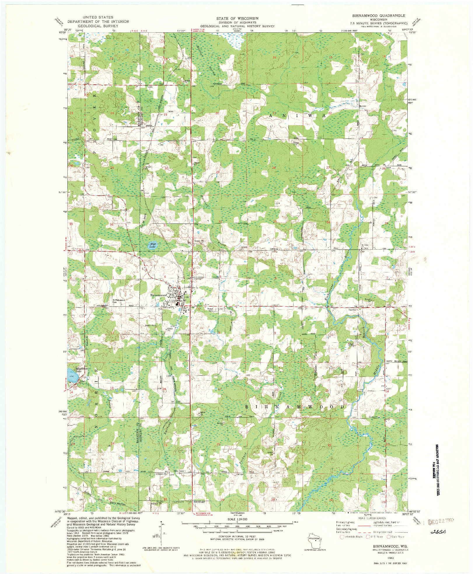 USGS 1:24000-SCALE QUADRANGLE FOR BIRNAMWOOD, WI 1982