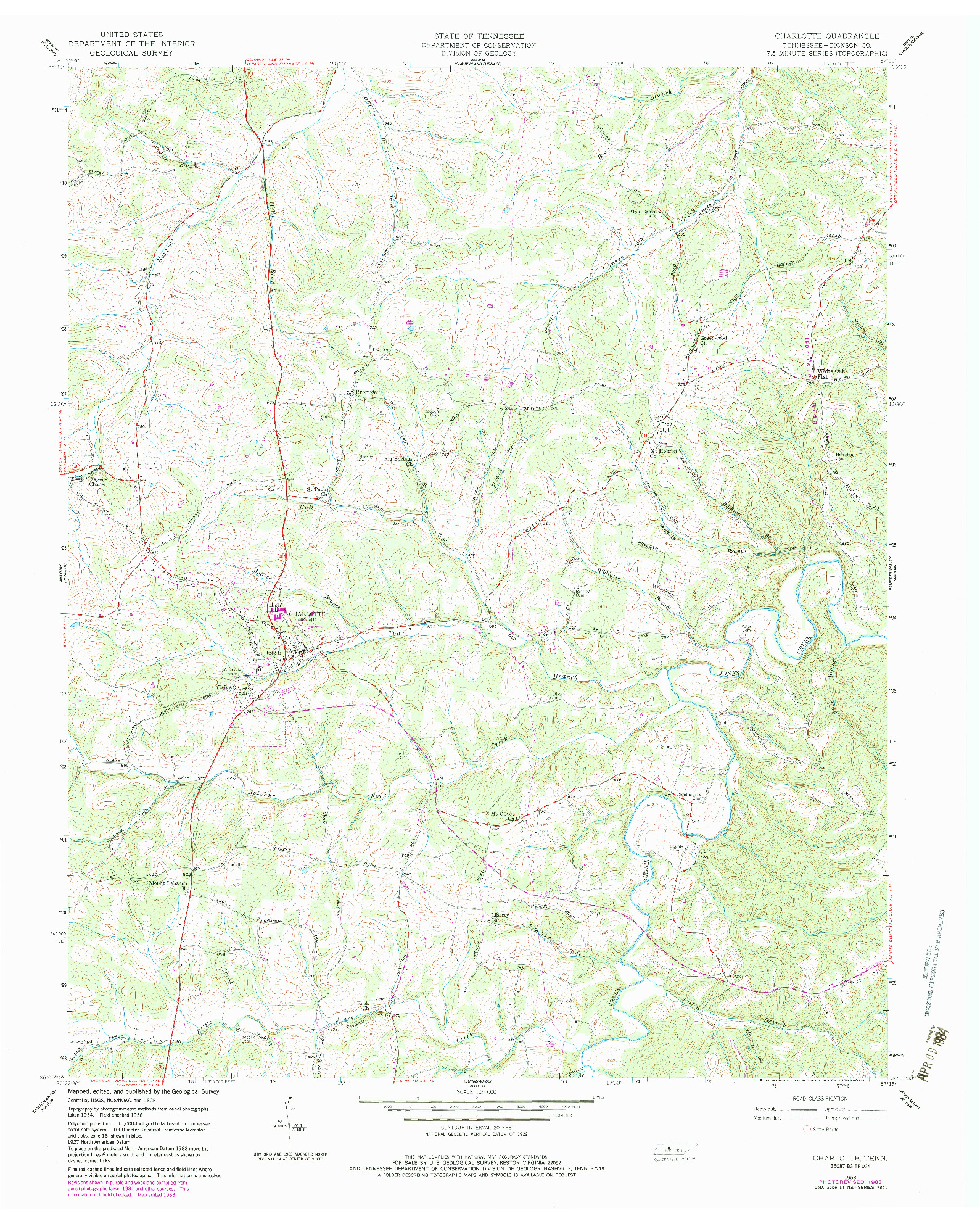 USGS 1:24000-SCALE QUADRANGLE FOR CHARLOTTE, TN 1958