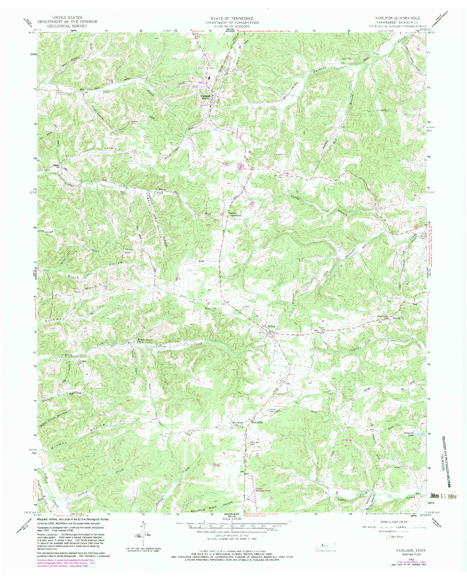 USGS 1:24000-SCALE QUADRANGLE FOR VANLEER, TN 1958