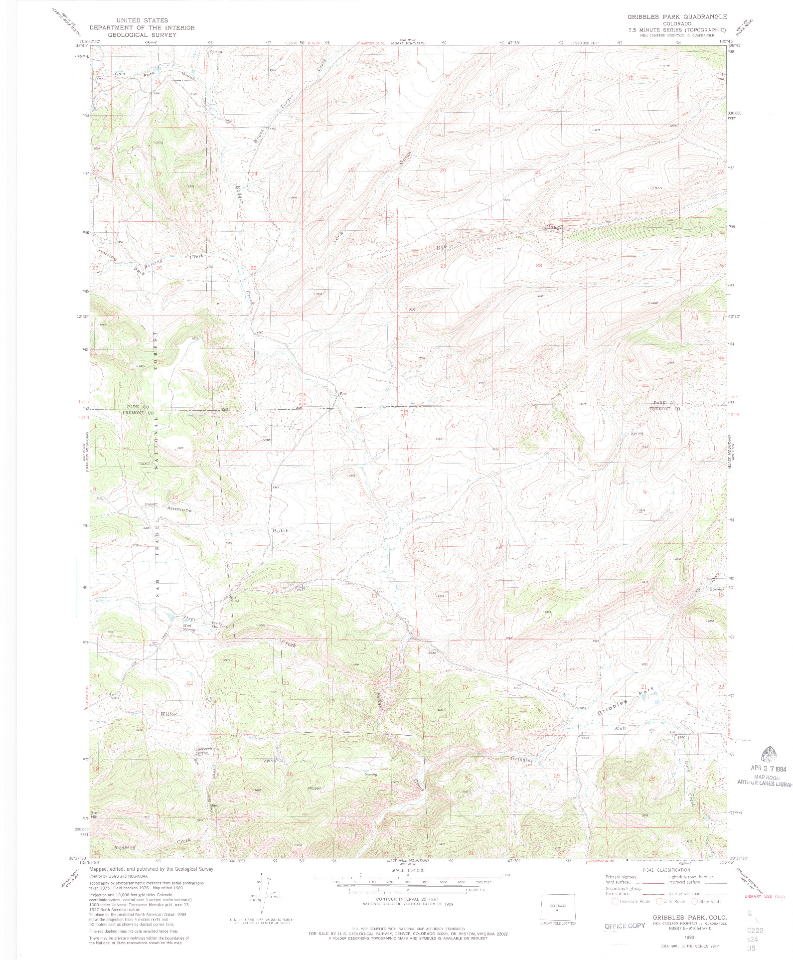 USGS 1:24000-SCALE QUADRANGLE FOR GRIBBLES PARK, CO 1983