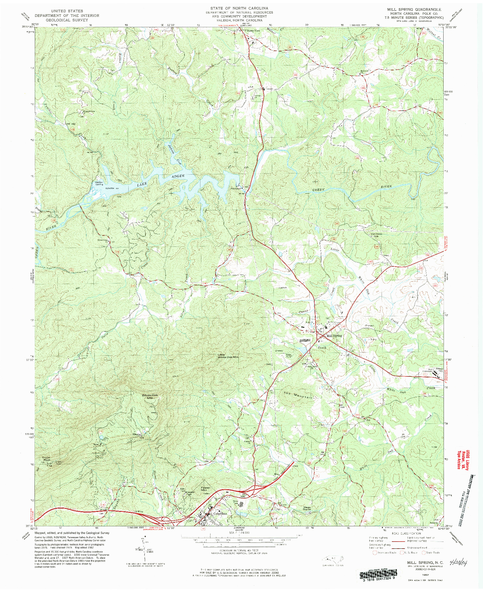 USGS 1:24000-SCALE QUADRANGLE FOR MILL SPRING, NC 1982