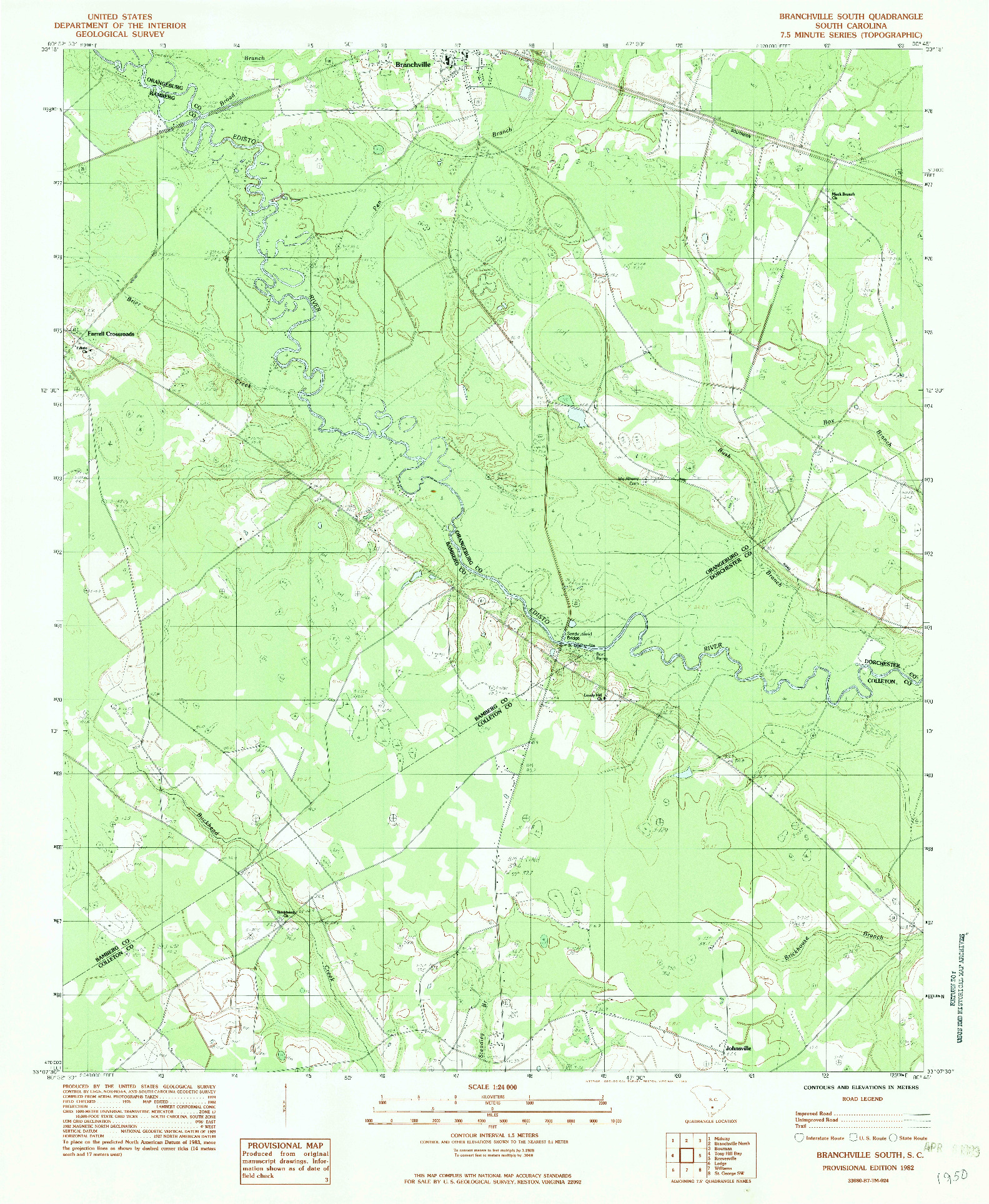 USGS 1:24000-SCALE QUADRANGLE FOR BRANCHVILLE SOUTH, SC 1982