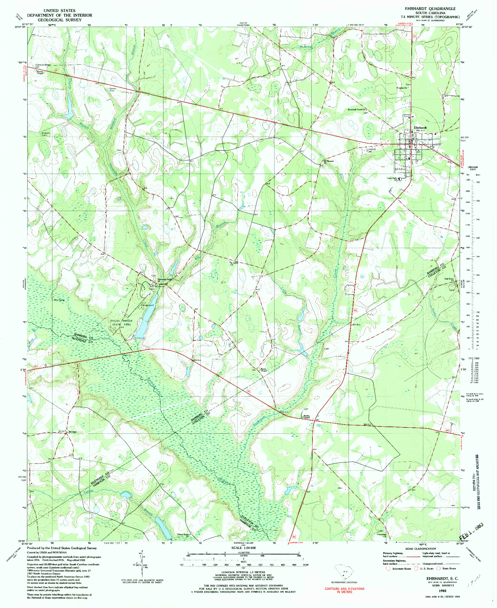 USGS 1:24000-SCALE QUADRANGLE FOR EHRHARDT, SC 1982