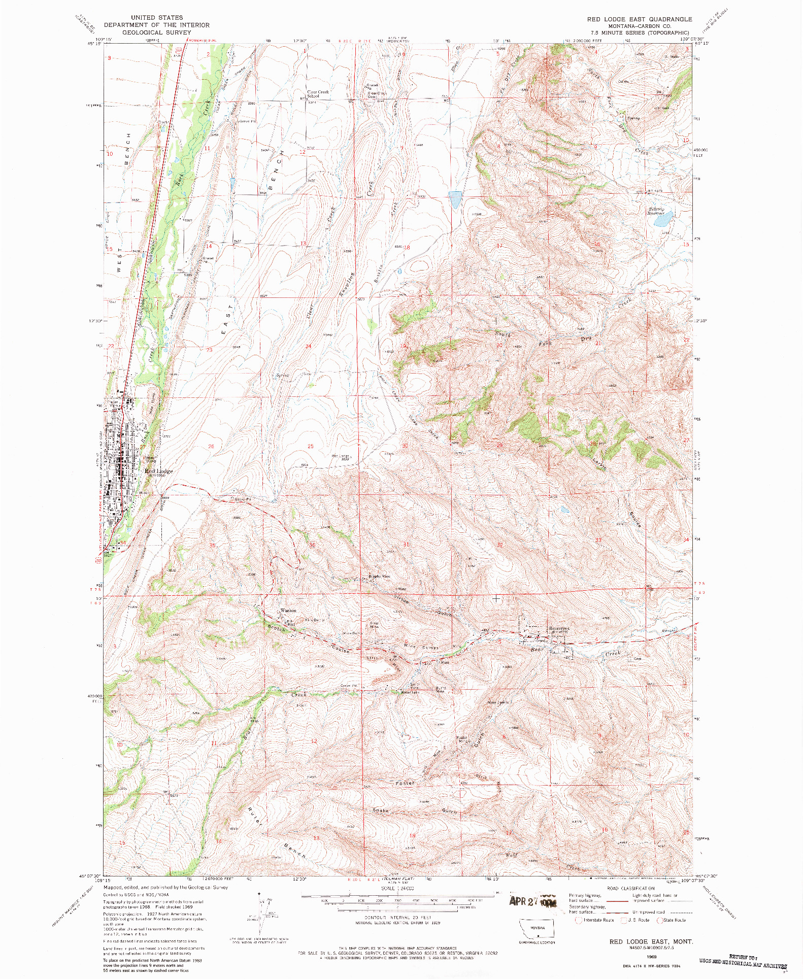 USGS 1:24000-SCALE QUADRANGLE FOR RED LODGE EAST, MT 1969