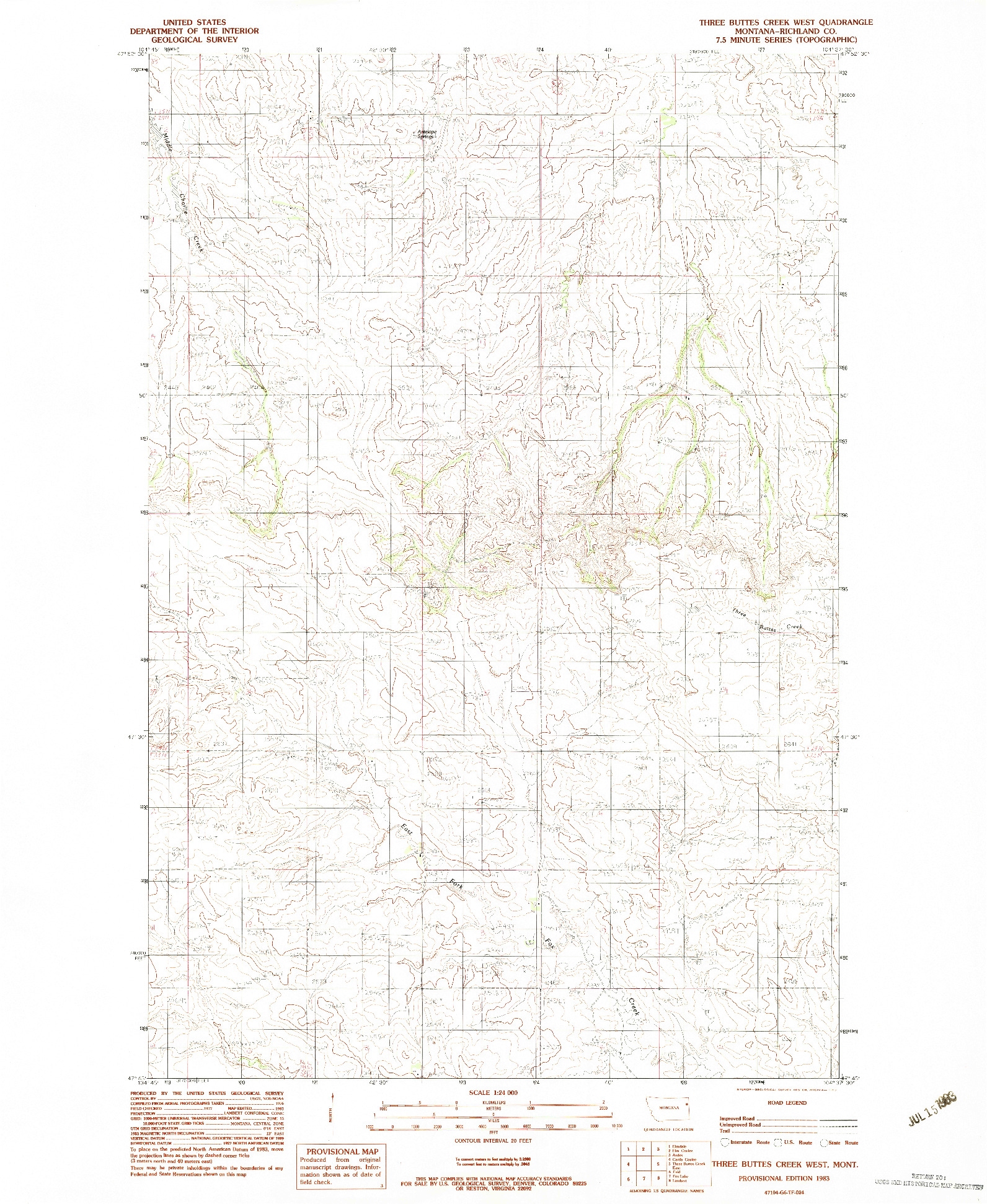 USGS 1:24000-SCALE QUADRANGLE FOR THREE BUTTES CREEK WEST, MT 1983