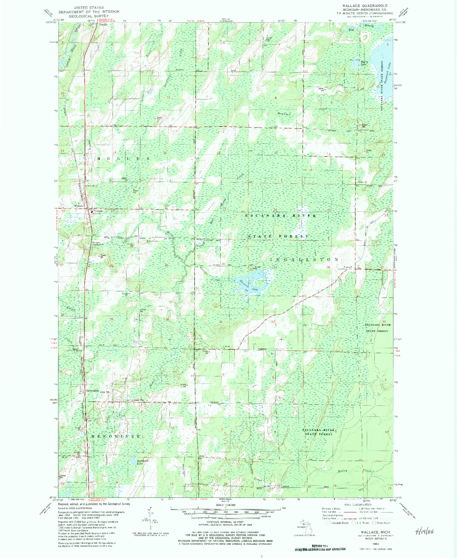 USGS 1:24000-SCALE QUADRANGLE FOR WALLACE, MI 1982