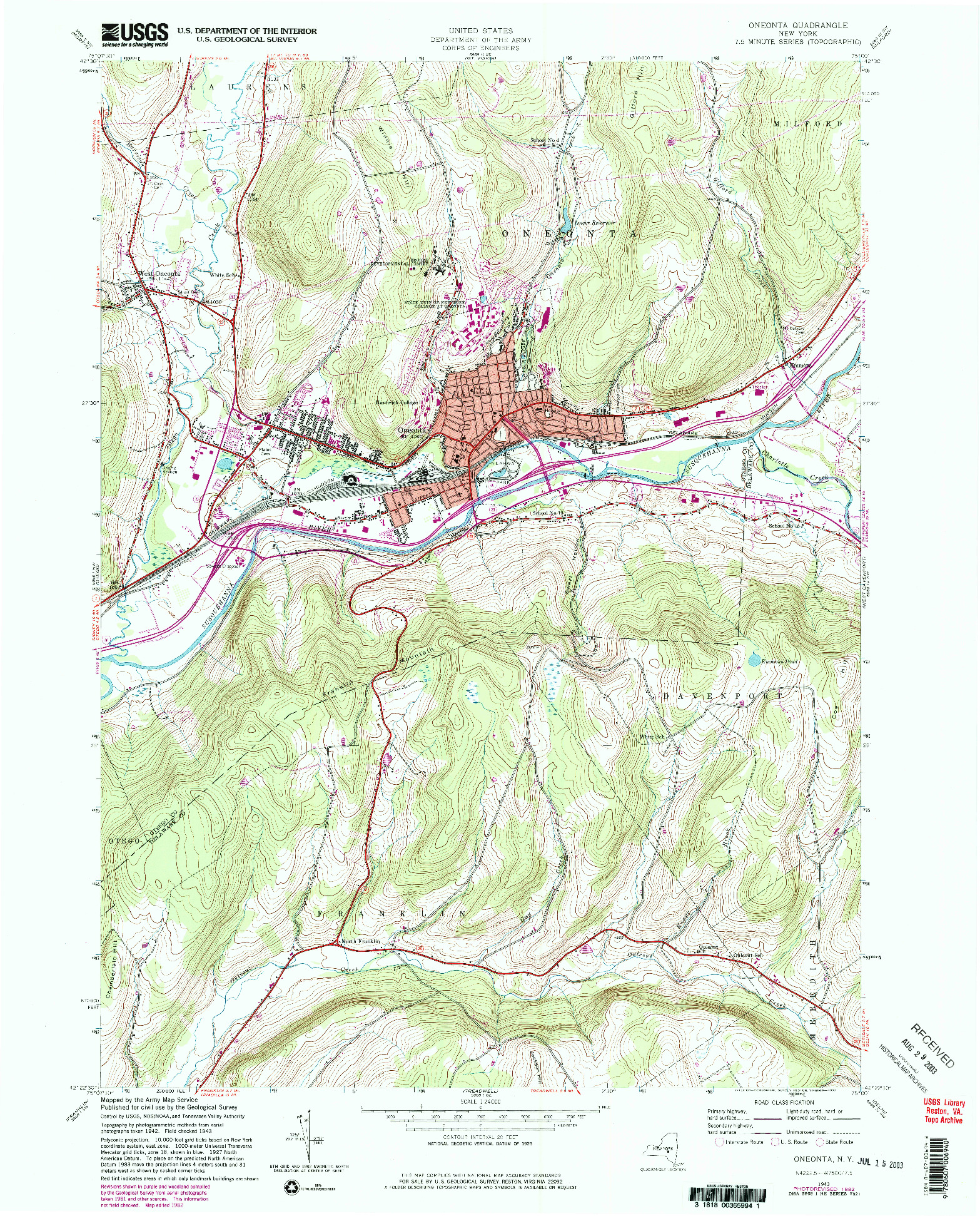 USGS 1:24000-SCALE QUADRANGLE FOR ONEONTA, NY 1943