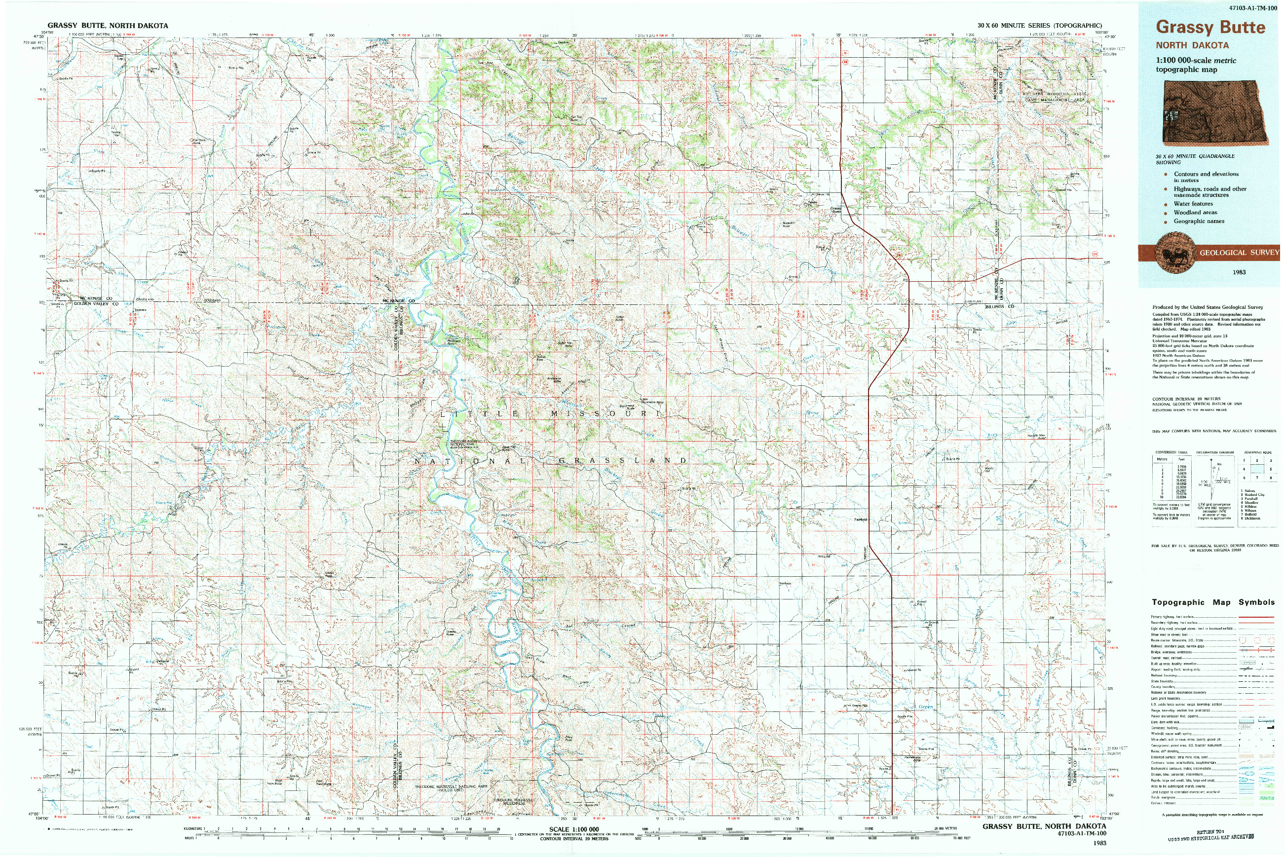 USGS 1:100000-SCALE QUADRANGLE FOR GRASSY BUTTE, ND 1983