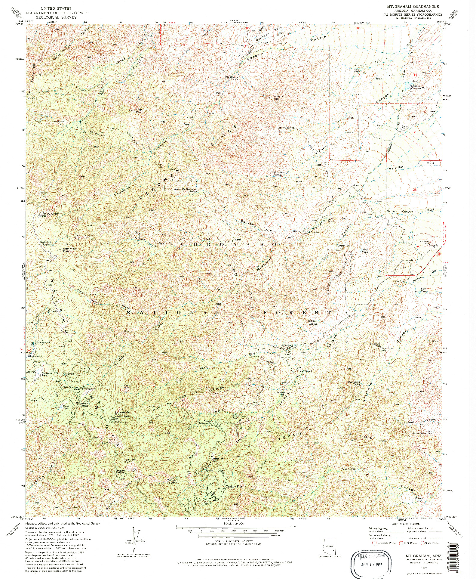 USGS 1:24000-SCALE QUADRANGLE FOR MT. GRAHAM, AZ 1972