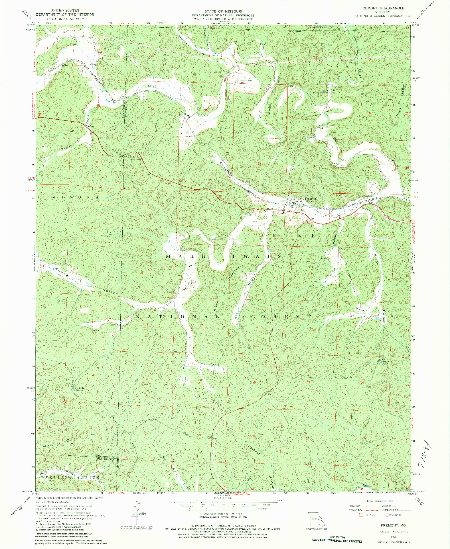 USGS 1:24000-SCALE QUADRANGLE FOR FREMONT, MO 1968