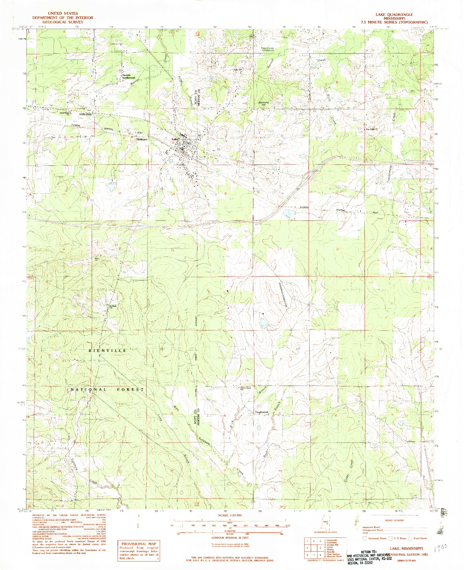 USGS 1:24000-SCALE QUADRANGLE FOR LAKE, MS 1982