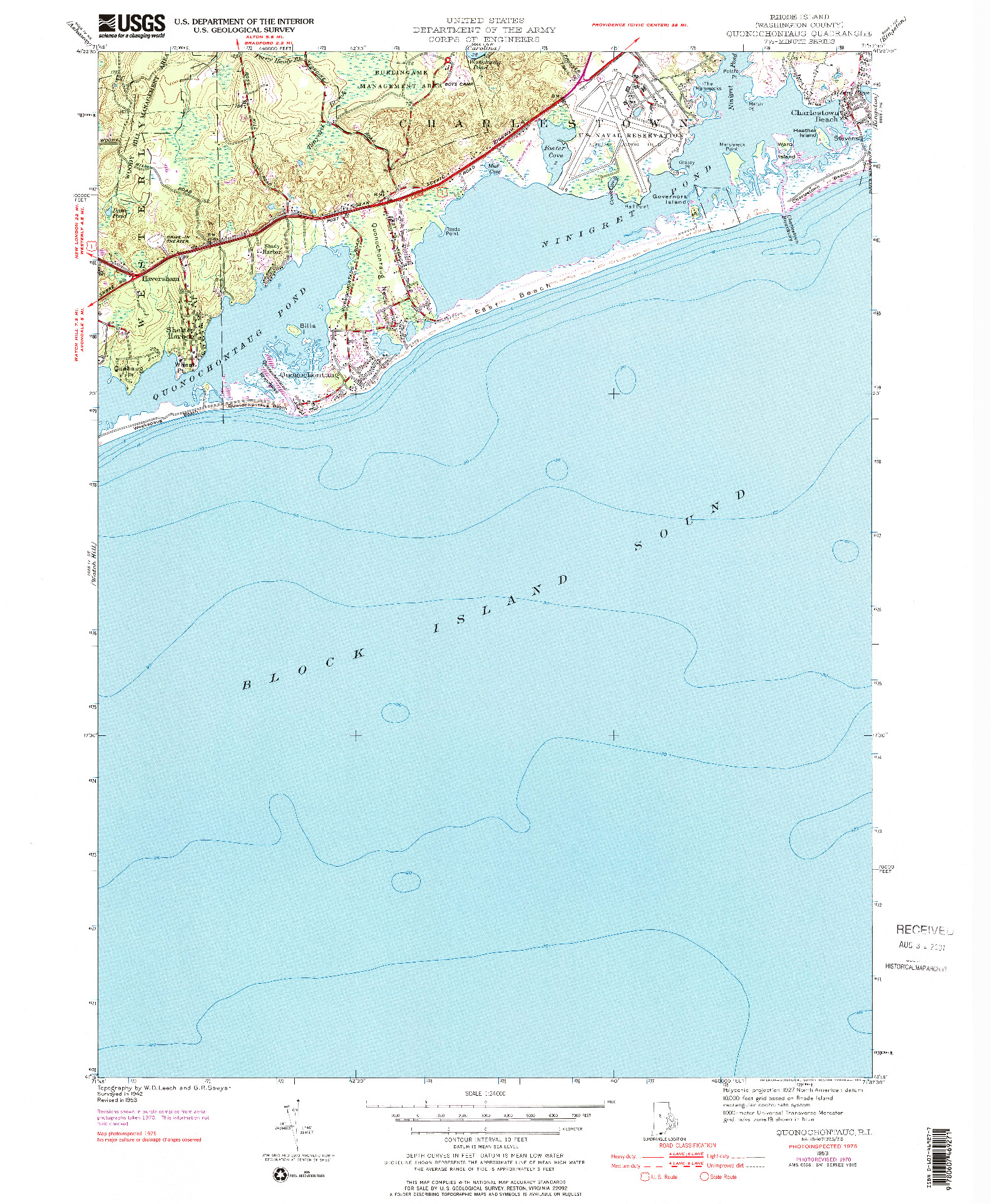 USGS 1:24000-SCALE QUADRANGLE FOR QUONOCHONTAUG, RI 1953