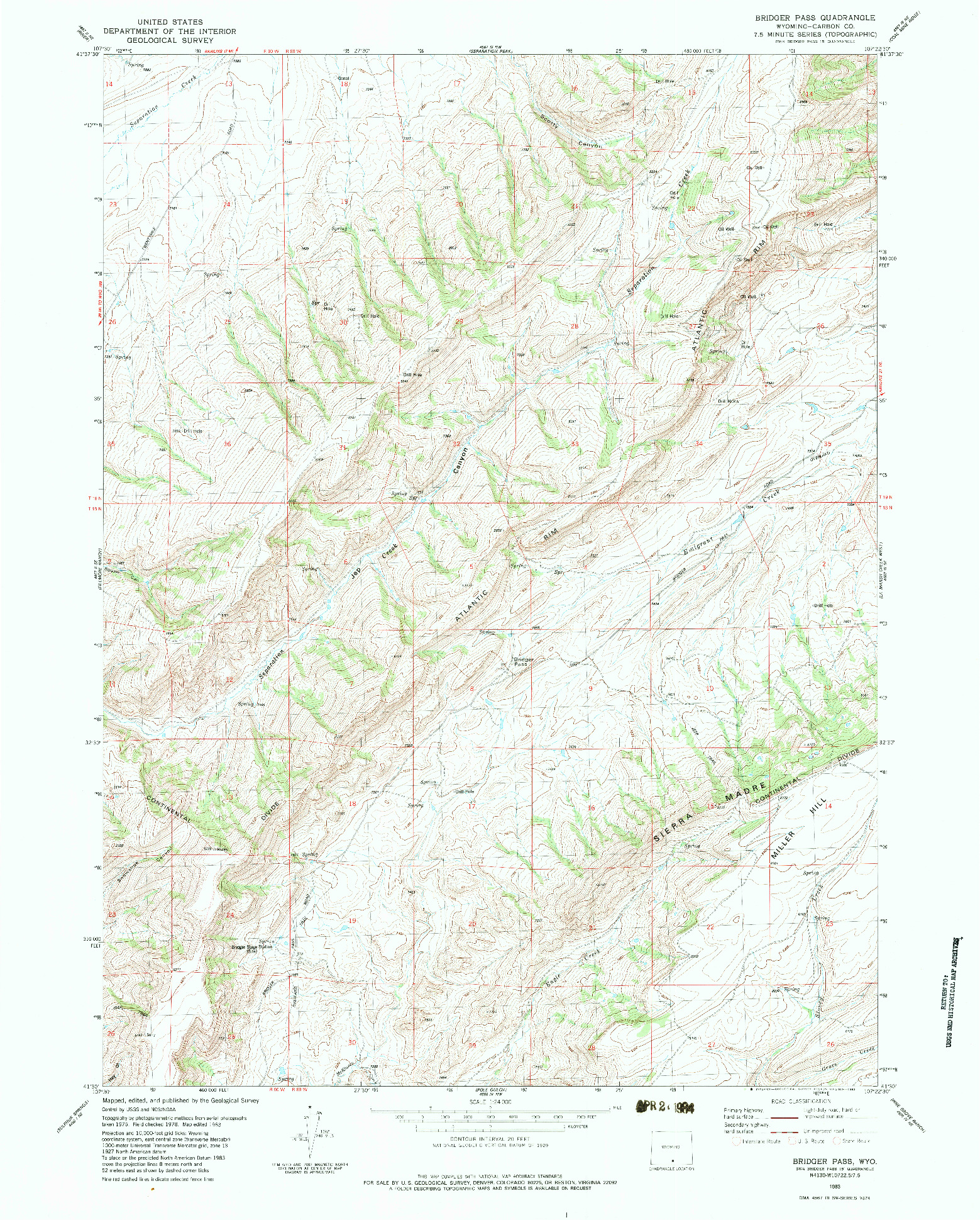 USGS 1:24000-SCALE QUADRANGLE FOR BRIDGER PASS, WY 1983