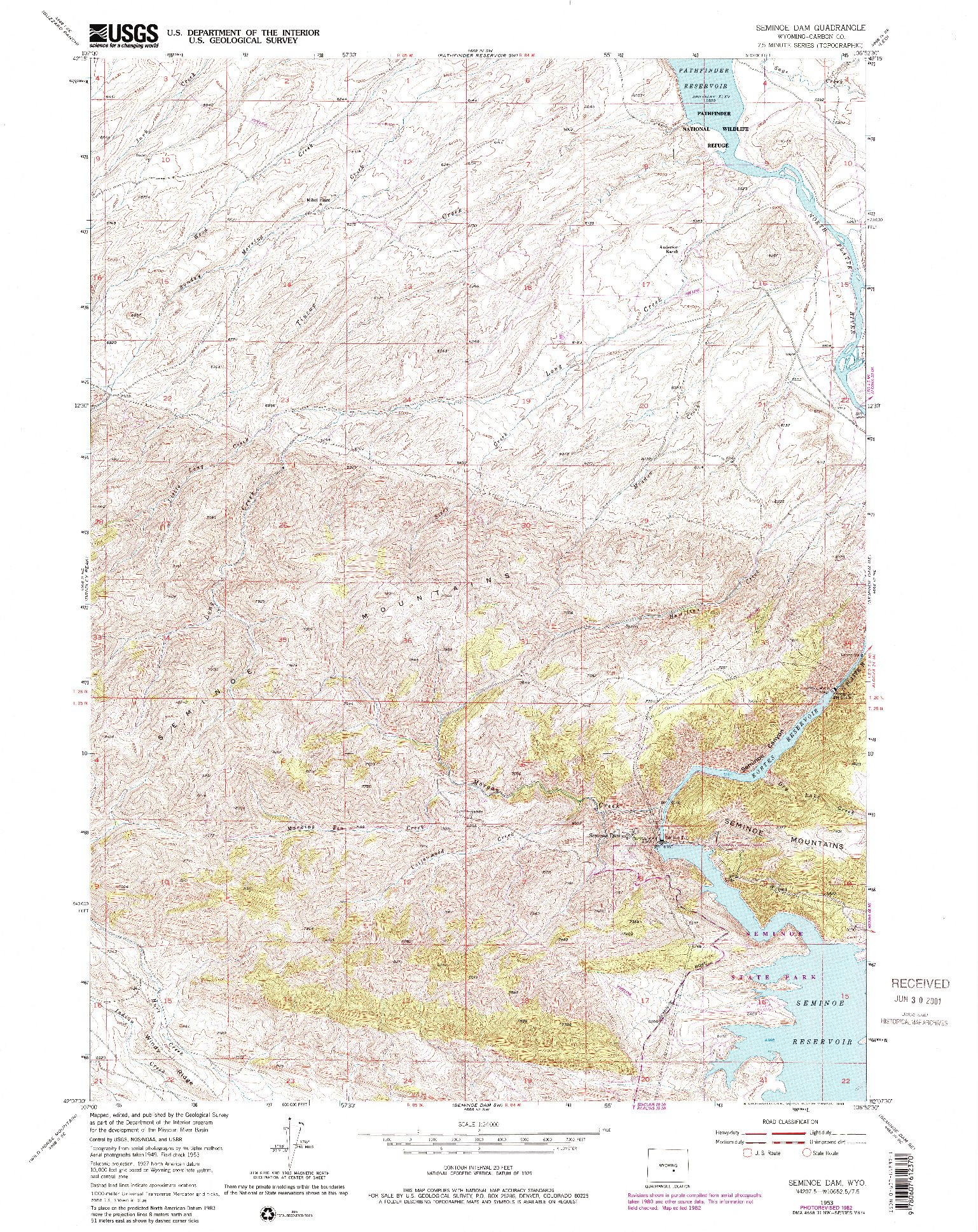 USGS 1:24000-SCALE QUADRANGLE FOR SEMINOE DAM, WY 1953