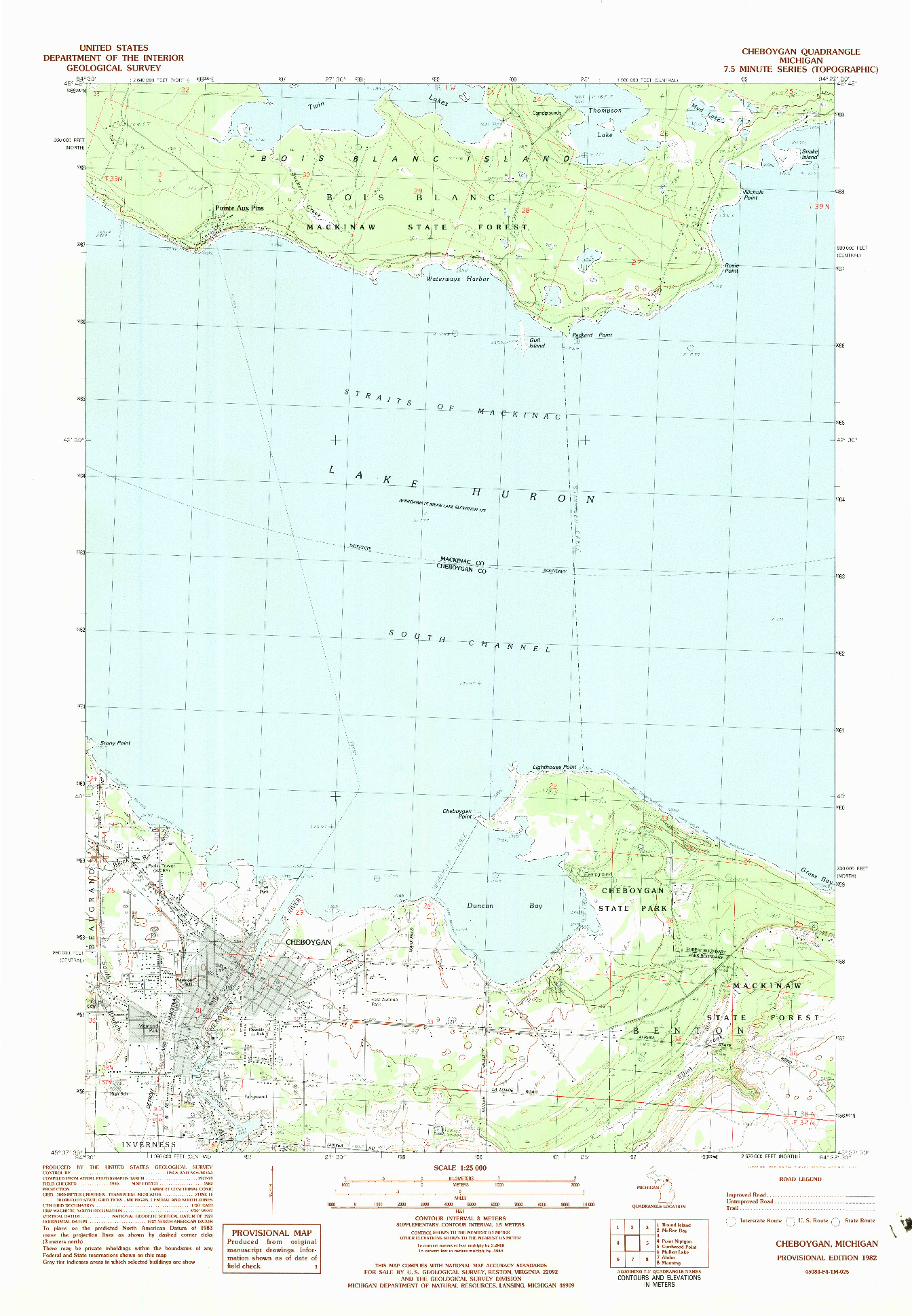 USGS 1:25000-SCALE QUADRANGLE FOR CHEBOYGAN, MI 1982