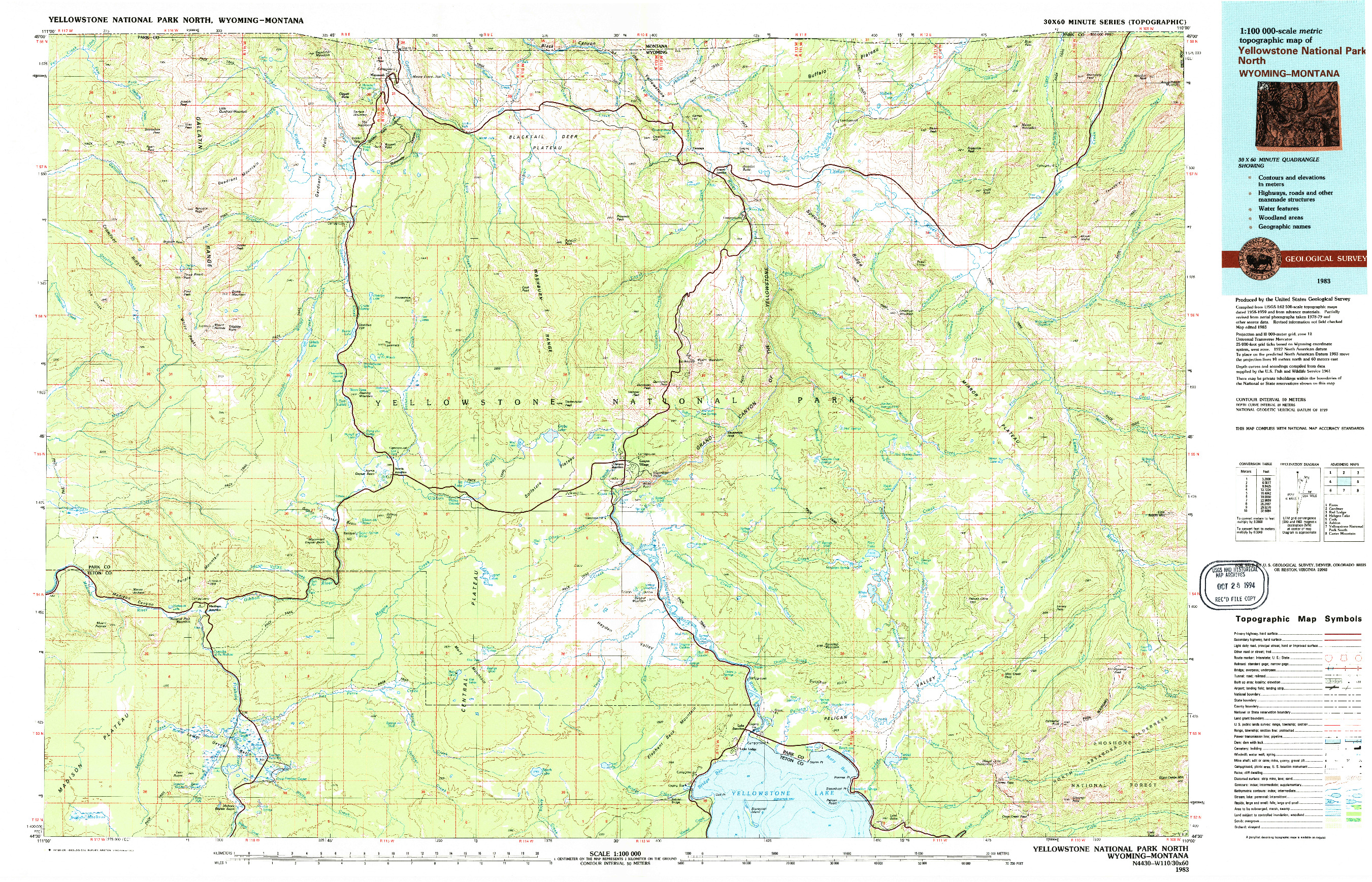 USGS 1:100000-SCALE QUADRANGLE FOR YELLOWSTONE NATIONAL PARK NORTH, WY 1983