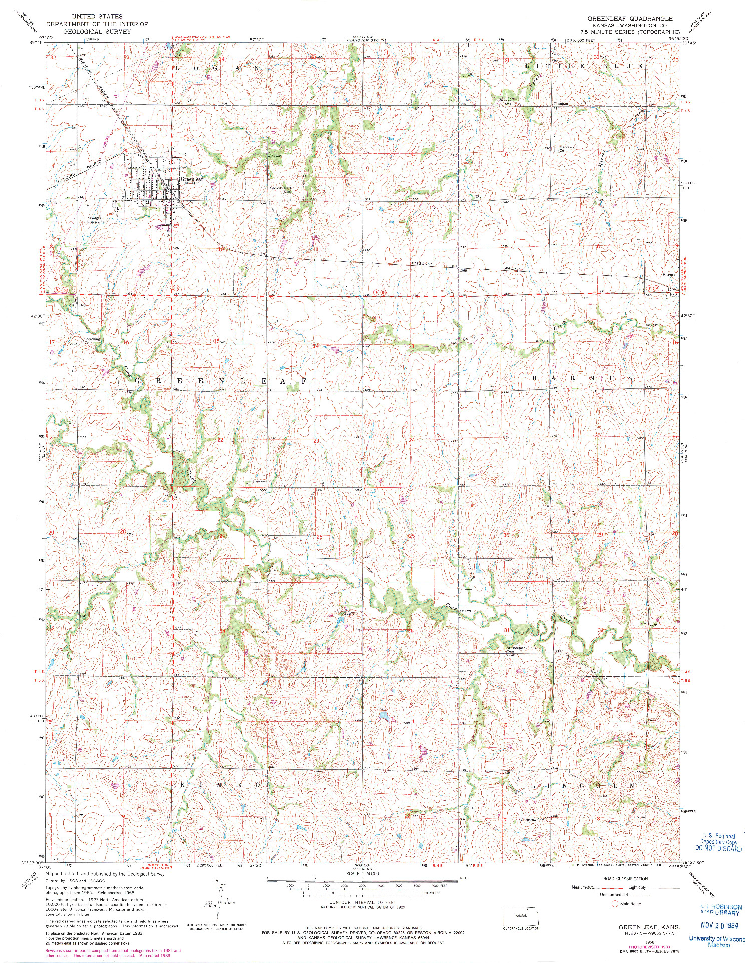 USGS 1:24000-SCALE QUADRANGLE FOR GREENLEAF, KS 1968