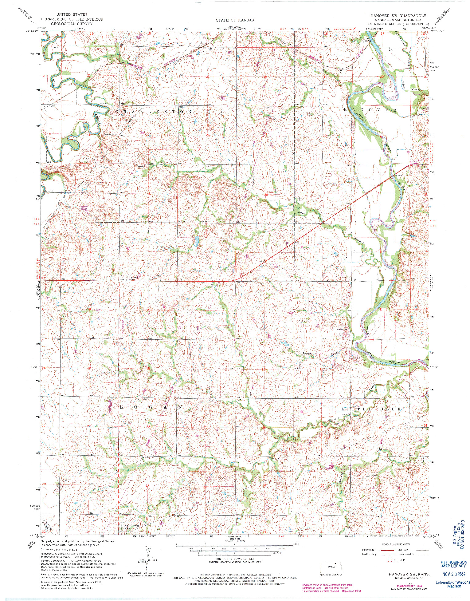 USGS 1:24000-SCALE QUADRANGLE FOR HANOVER SW, KS 1966