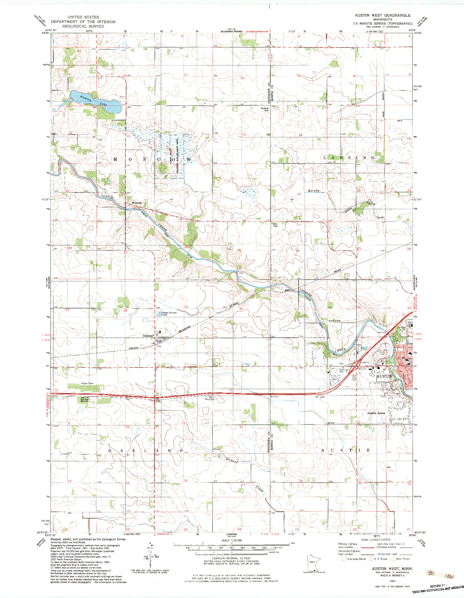 USGS 1:24000-SCALE QUADRANGLE FOR AUSTIN WEST, MN 1982