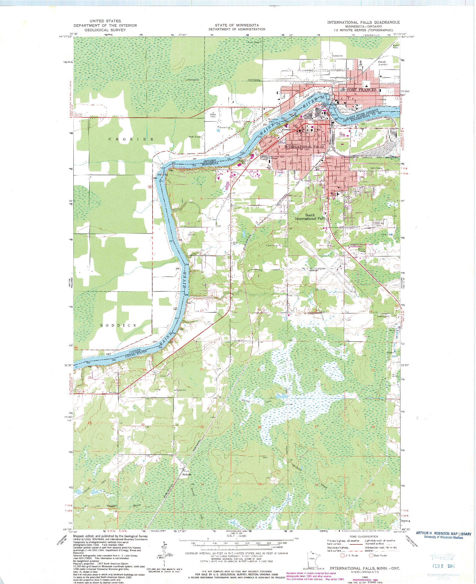 USGS 1:24000-SCALE QUADRANGLE FOR INTERNATIONAL FALLS, MN 1969