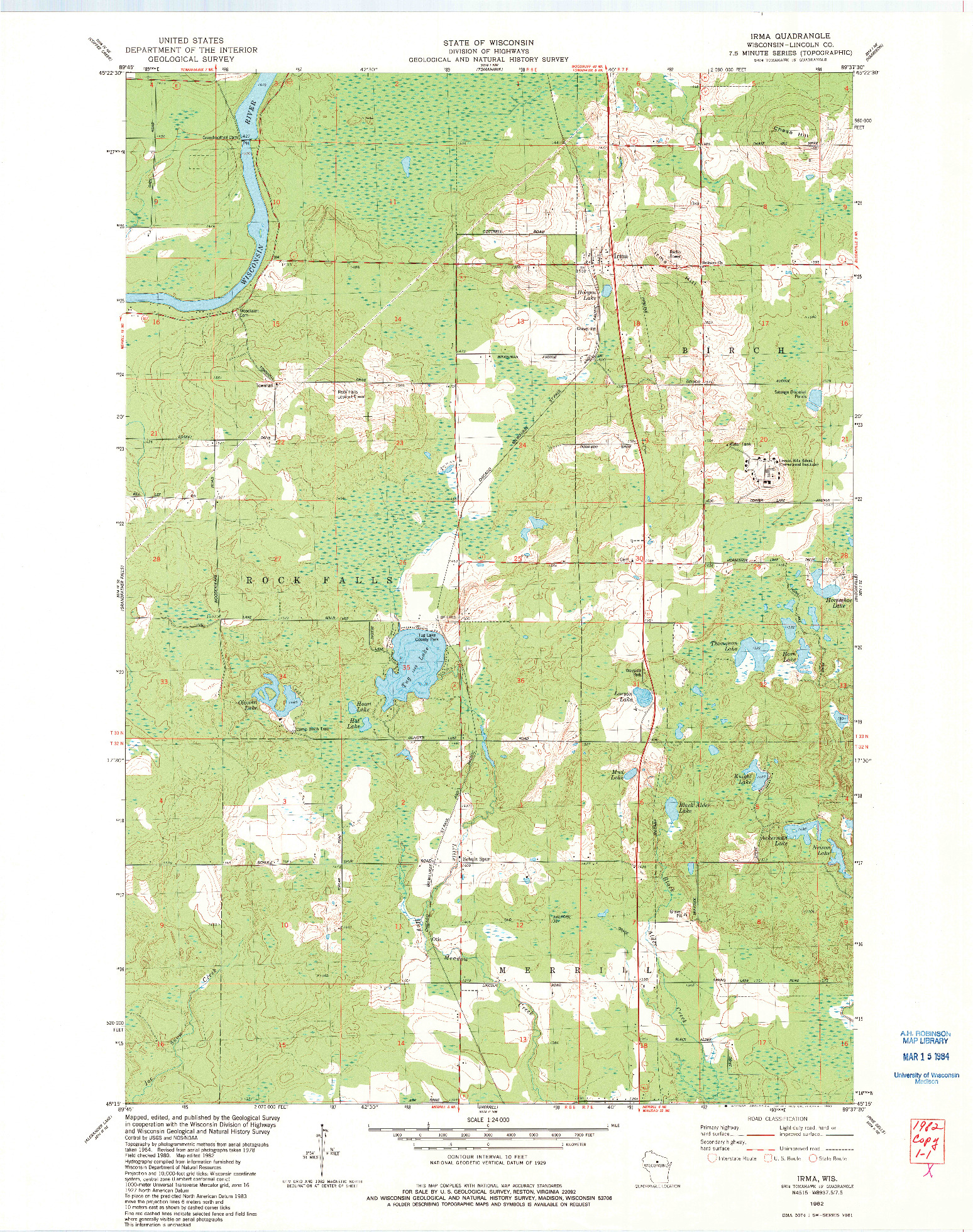 USGS 1:24000-SCALE QUADRANGLE FOR IRMA, WI 1982