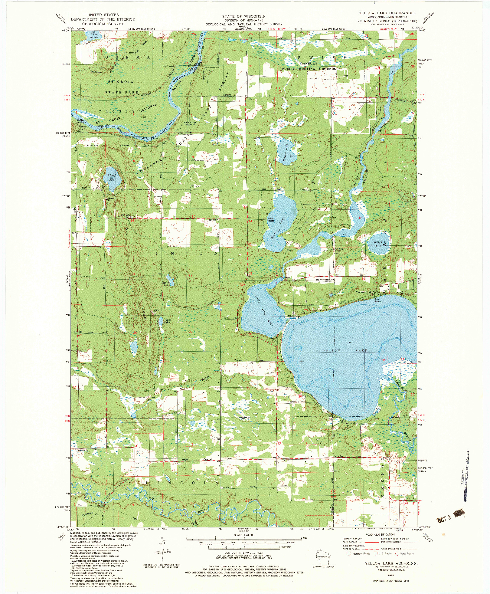 USGS 1:24000-SCALE QUADRANGLE FOR YELLOW LAKE, WI 1982
