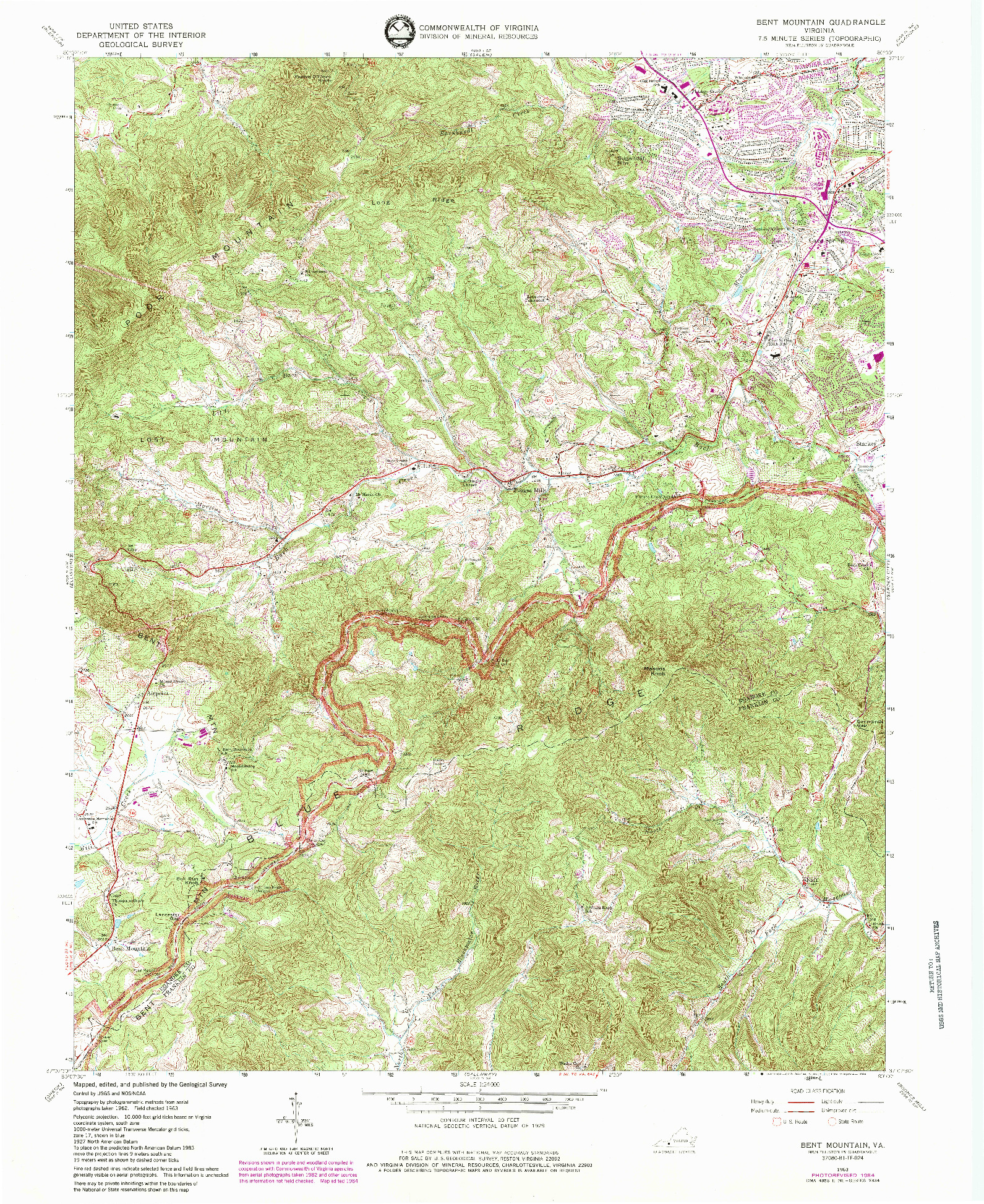 USGS 1:24000-SCALE QUADRANGLE FOR BENT MOUNTAIN, VA 1963