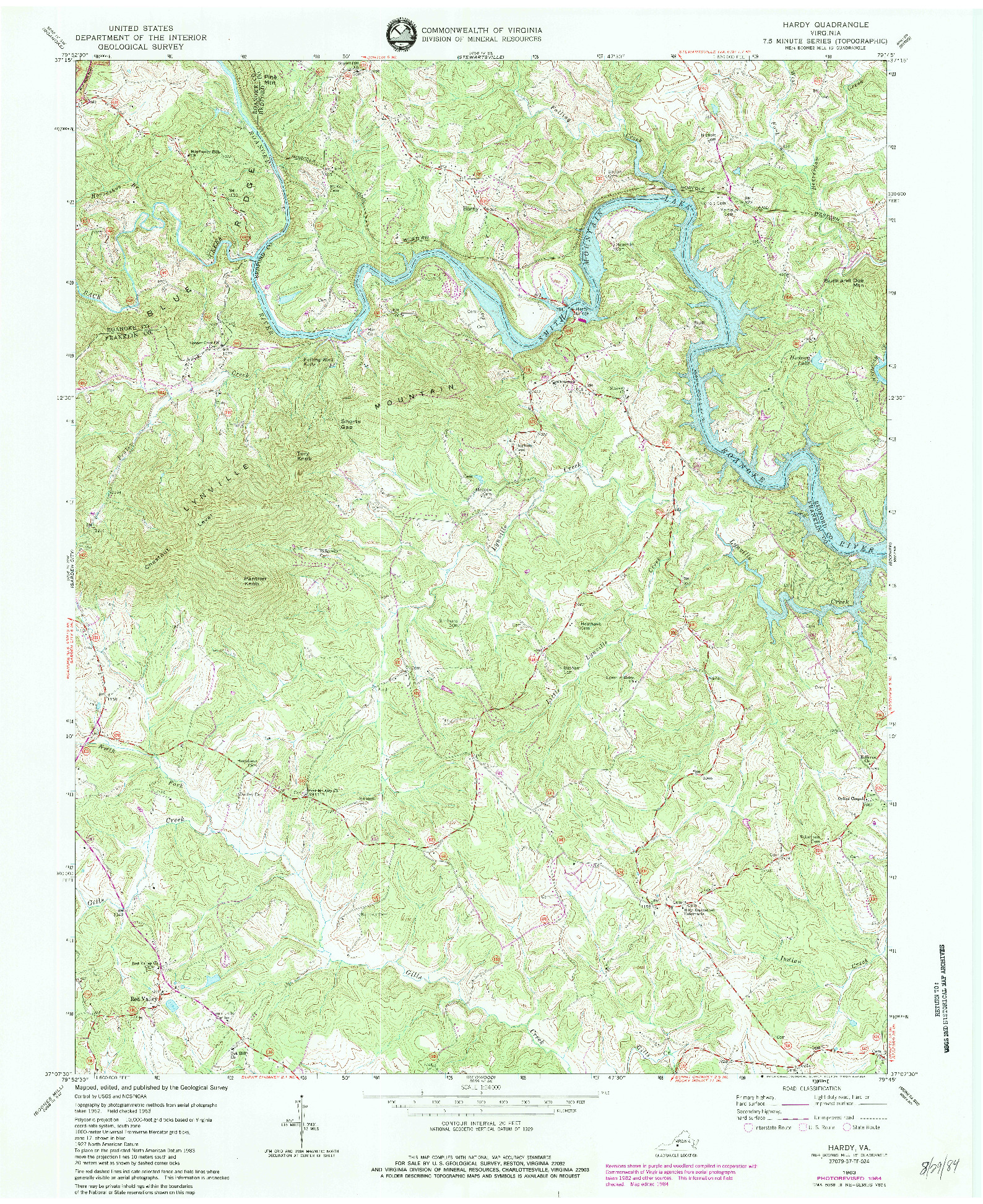 USGS 1:24000-SCALE QUADRANGLE FOR HARDY, VA 1963