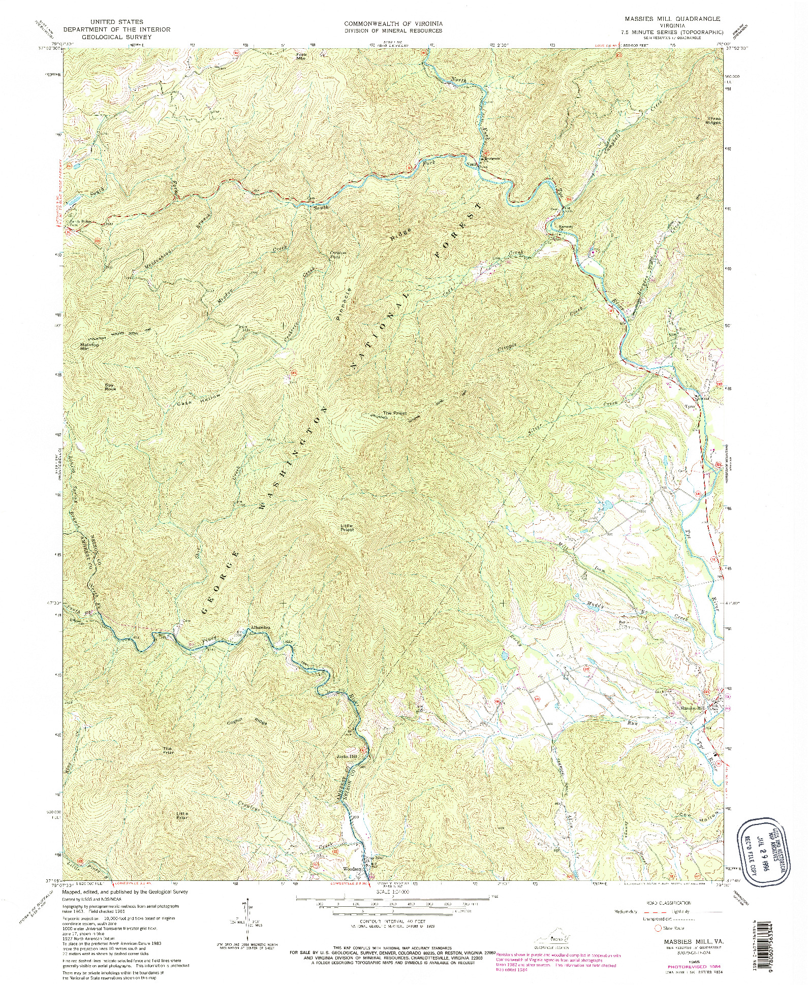 USGS 1:24000-SCALE QUADRANGLE FOR MASSIES MILL, VA 1965