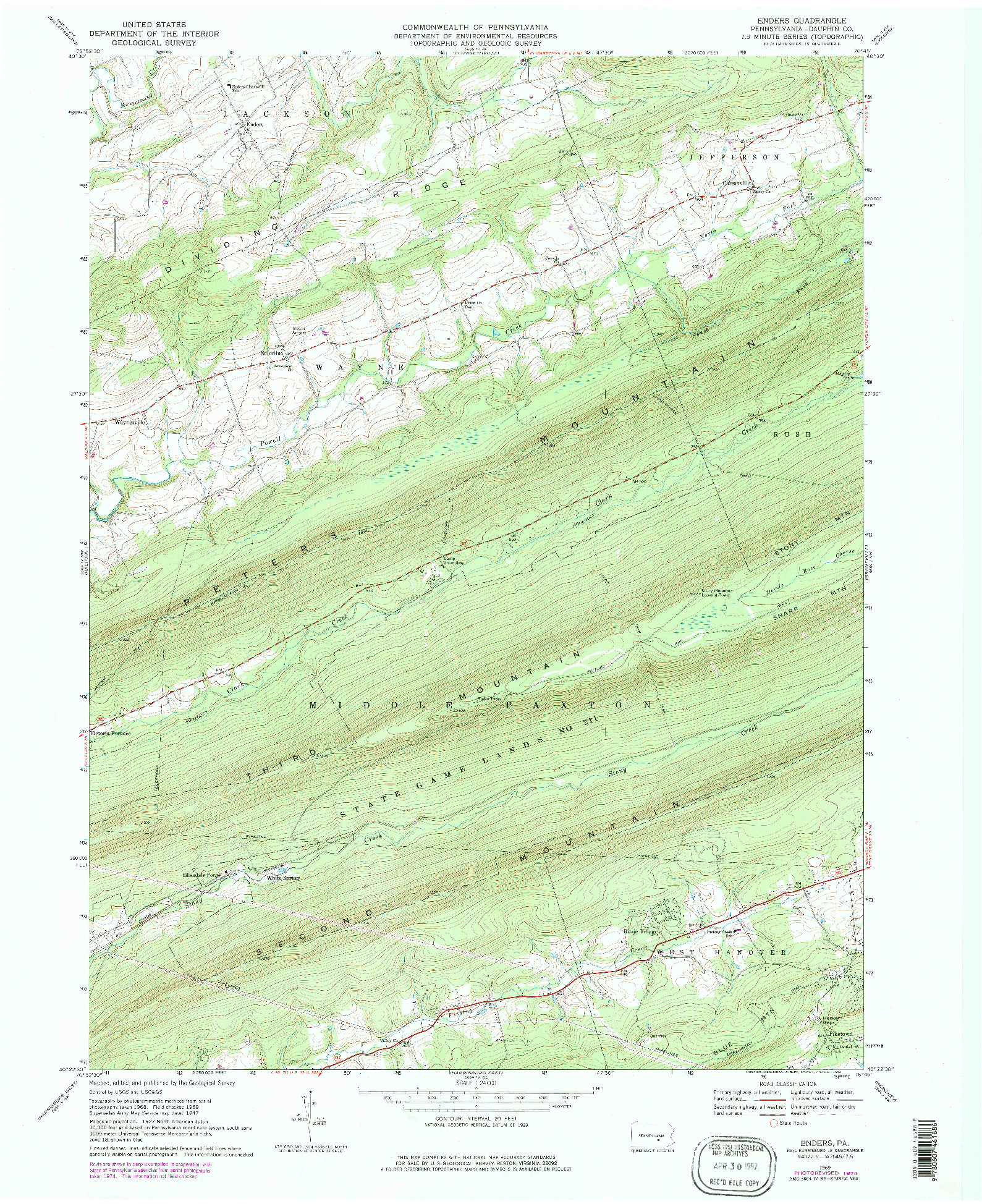 USGS 1:24000-SCALE QUADRANGLE FOR ENDERS, PA 1969