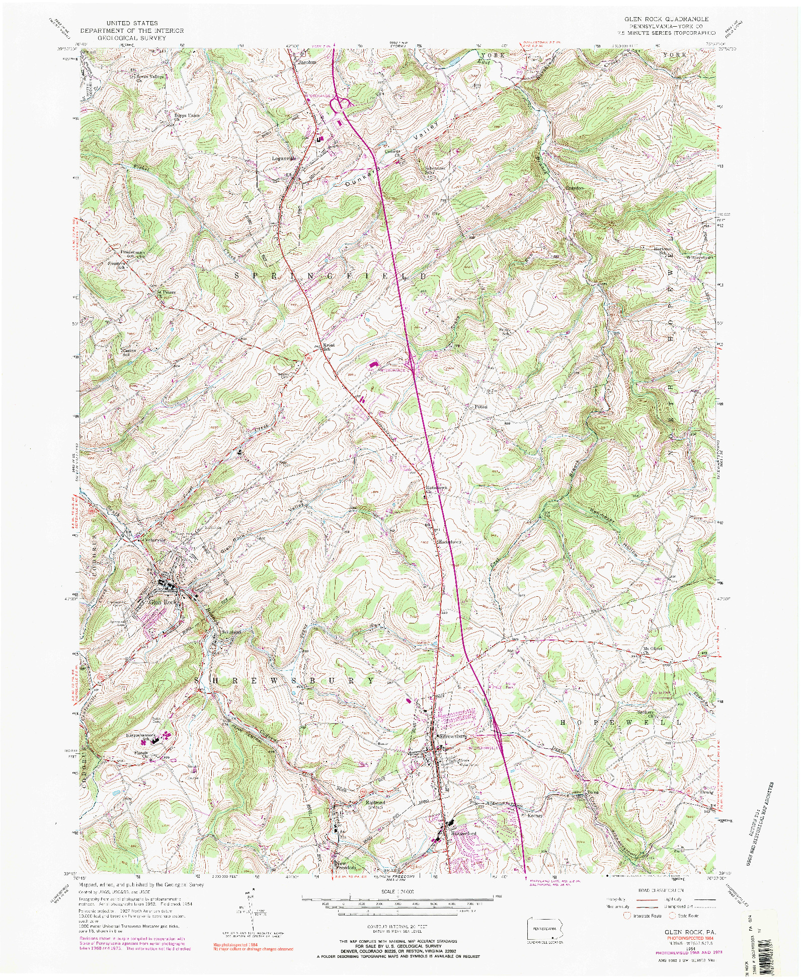 USGS 1:24000-SCALE QUADRANGLE FOR GLEN ROCK, PA 1954