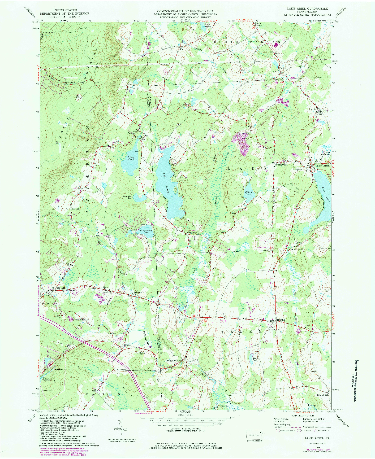 USGS 1:24000-SCALE QUADRANGLE FOR LAKE ARIEL, PA 1966