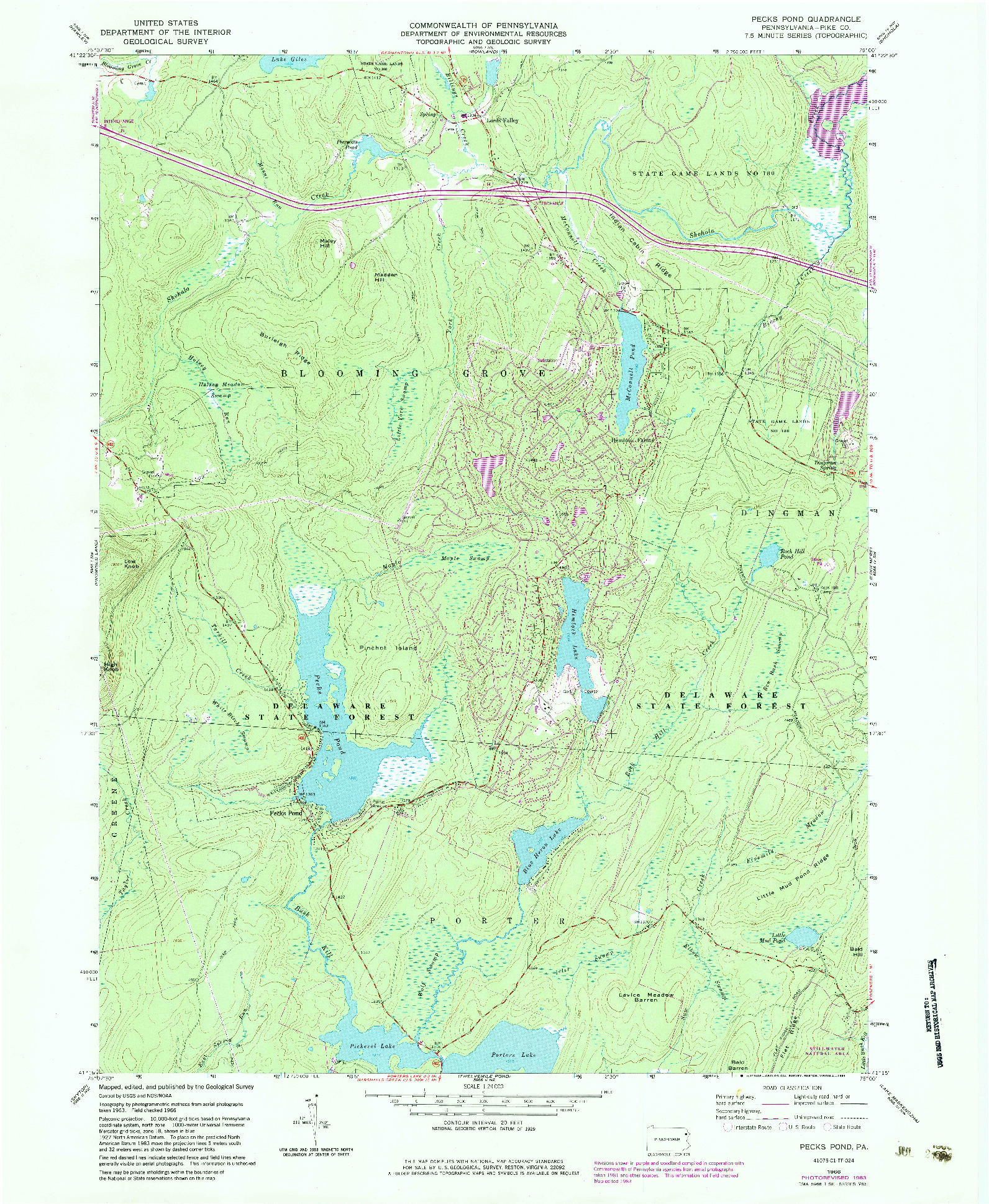 USGS 1:24000-SCALE QUADRANGLE FOR PECKS POND, PA 1966