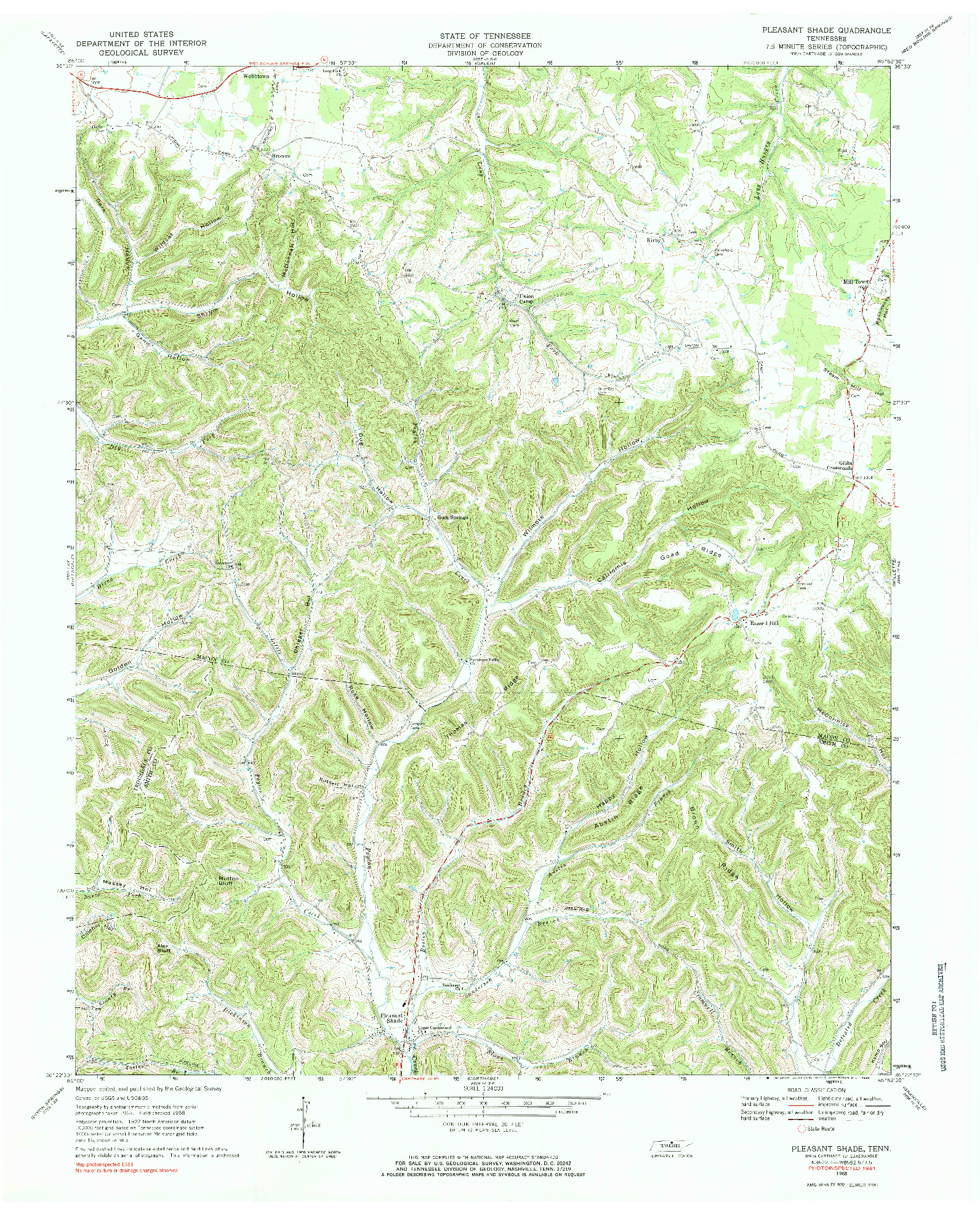 USGS 1:24000-SCALE QUADRANGLE FOR PLEASANT SHADE, TN 1968