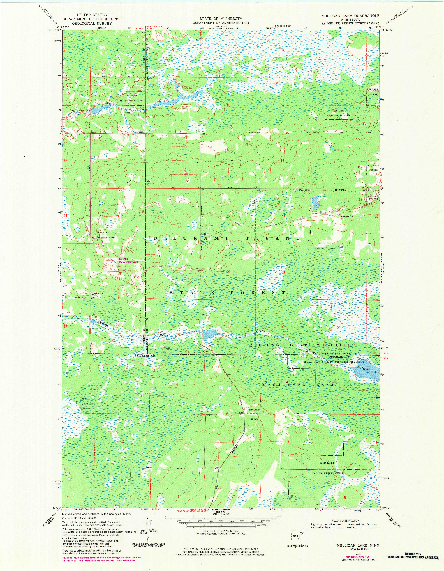 USGS 1:24000-SCALE QUADRANGLE FOR MULLIGAN LAKE, MN 1968
