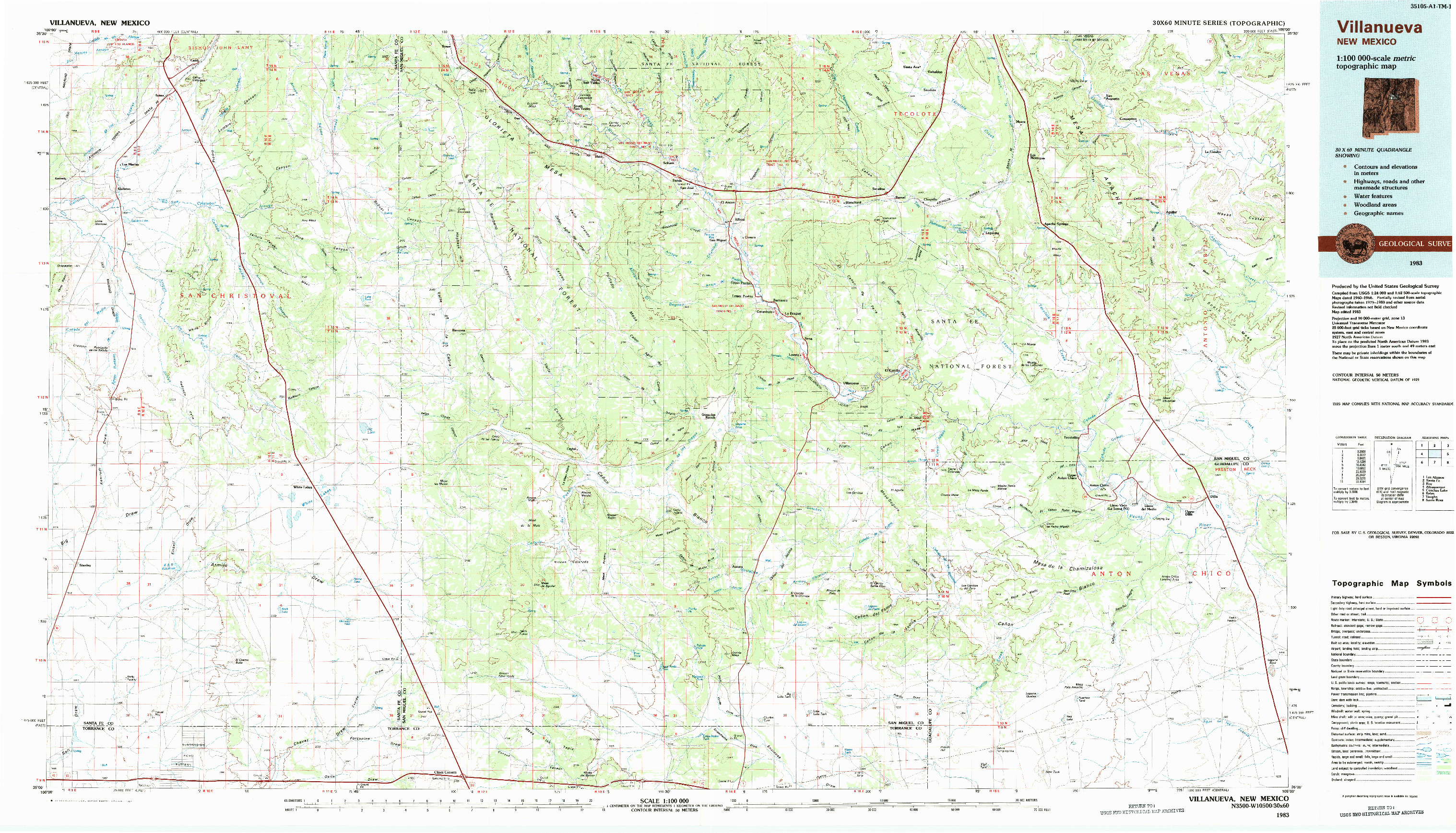 USGS 1:100000-SCALE QUADRANGLE FOR VILLANUEVA, NM 1983