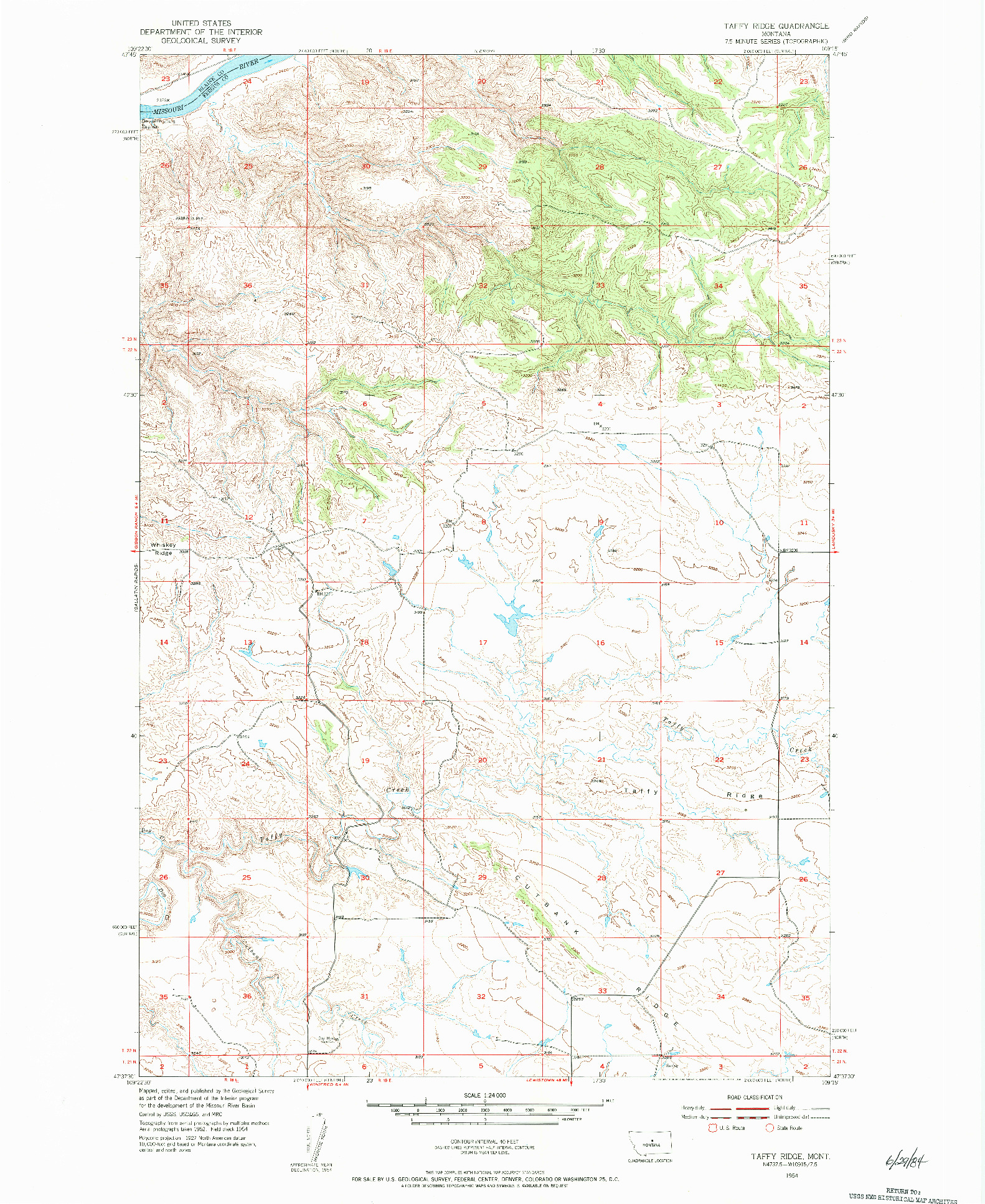 USGS 1:24000-SCALE QUADRANGLE FOR TAFFY RIDGE, MT 1954