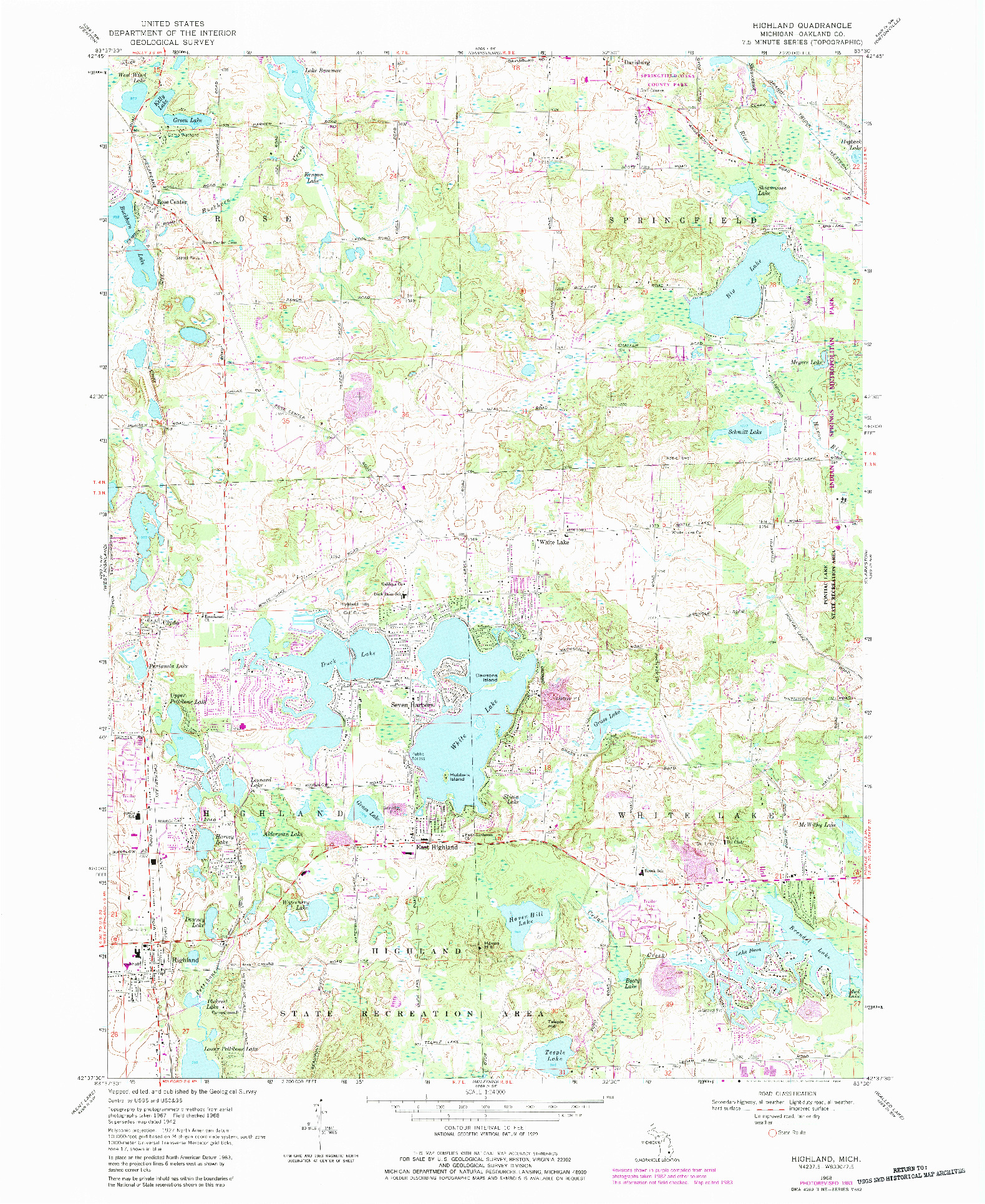 USGS 1:24000-SCALE QUADRANGLE FOR HIGHLAND, MI 1968