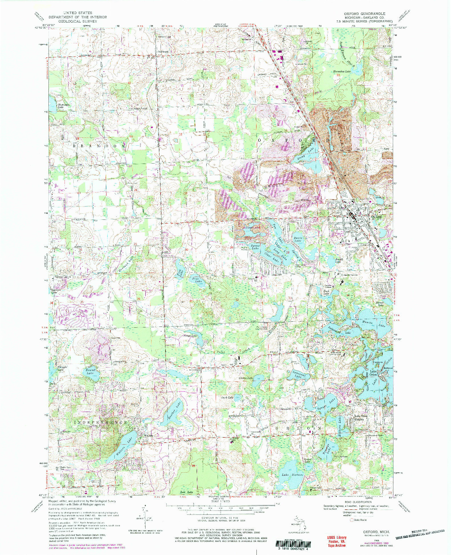 USGS 1:24000-SCALE QUADRANGLE FOR OXFORD, MI 1968