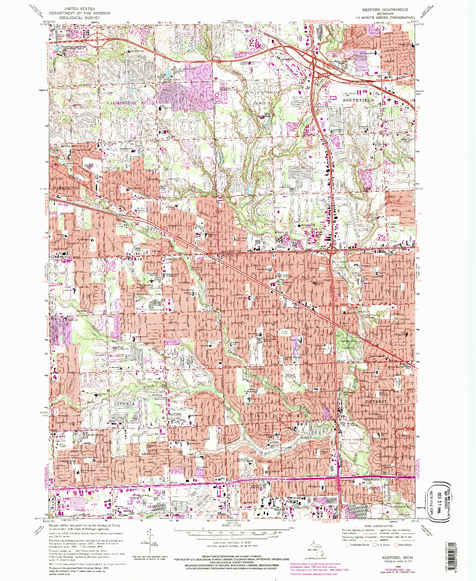 USGS 1:24000-SCALE QUADRANGLE FOR REDFORD, MI 1968