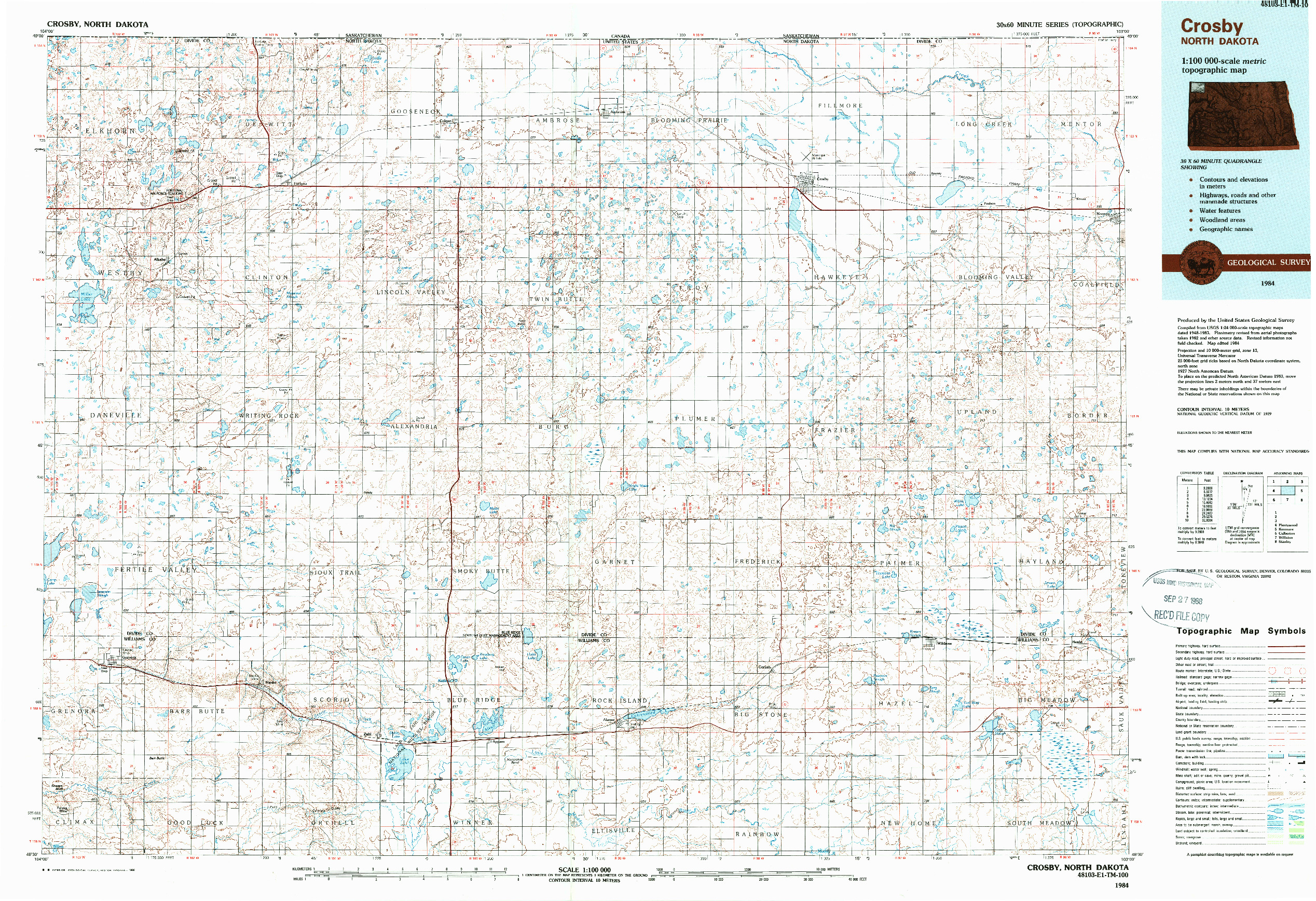 USGS 1:100000-SCALE QUADRANGLE FOR CROSBY, ND 1984