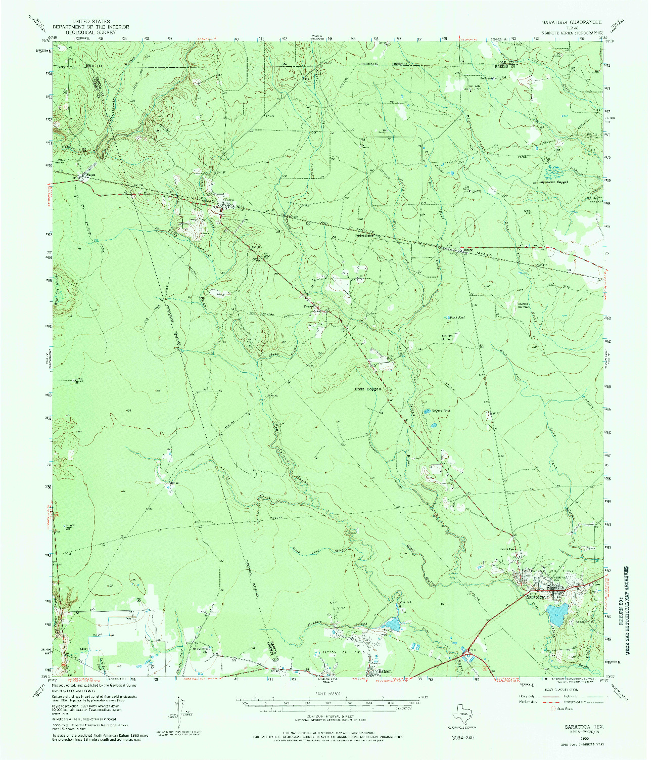 USGS 1:62500-SCALE QUADRANGLE FOR SARATOGA, TX 1955