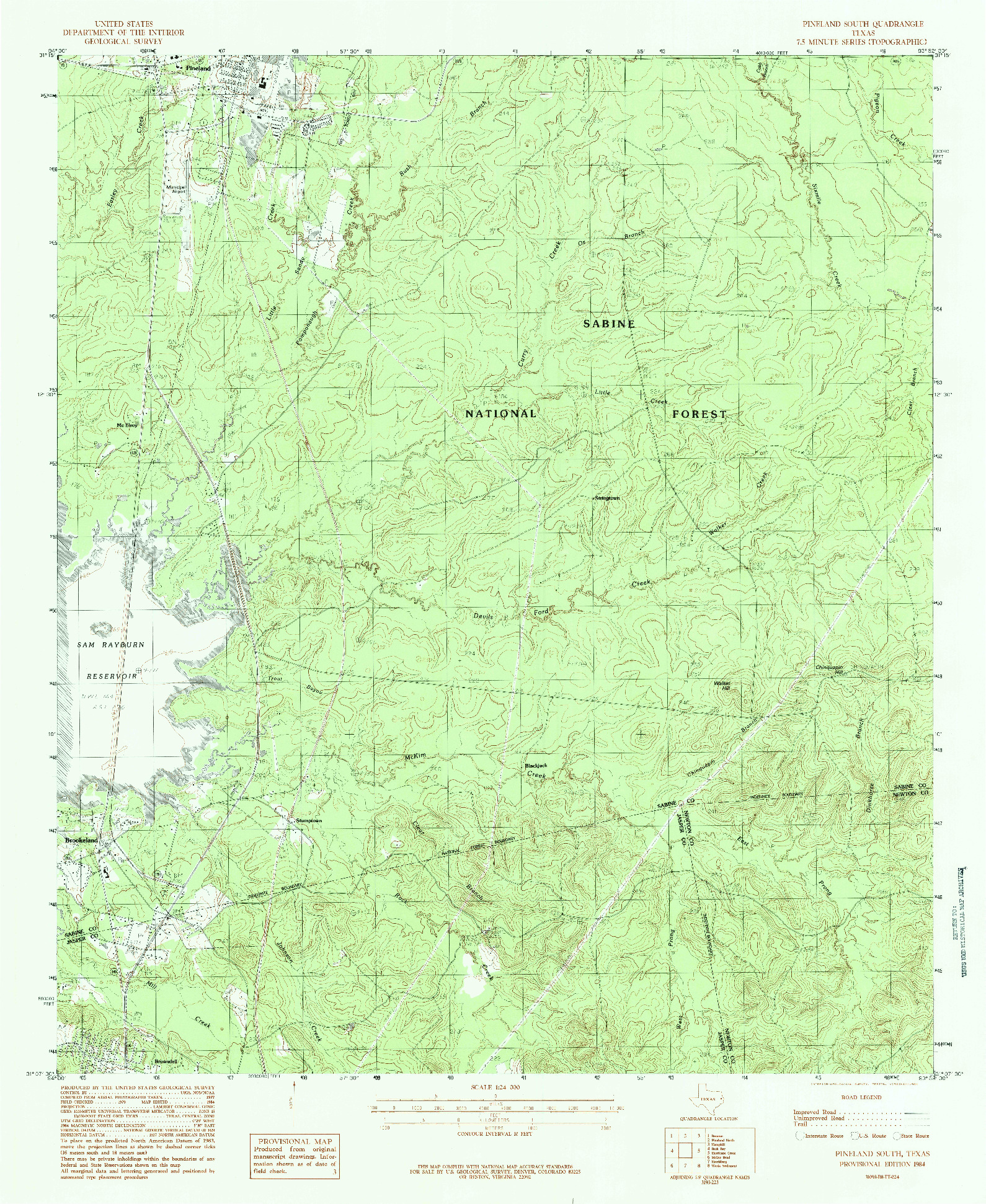 USGS 1:24000-SCALE QUADRANGLE FOR PINELAND SOUTH, TX 1984